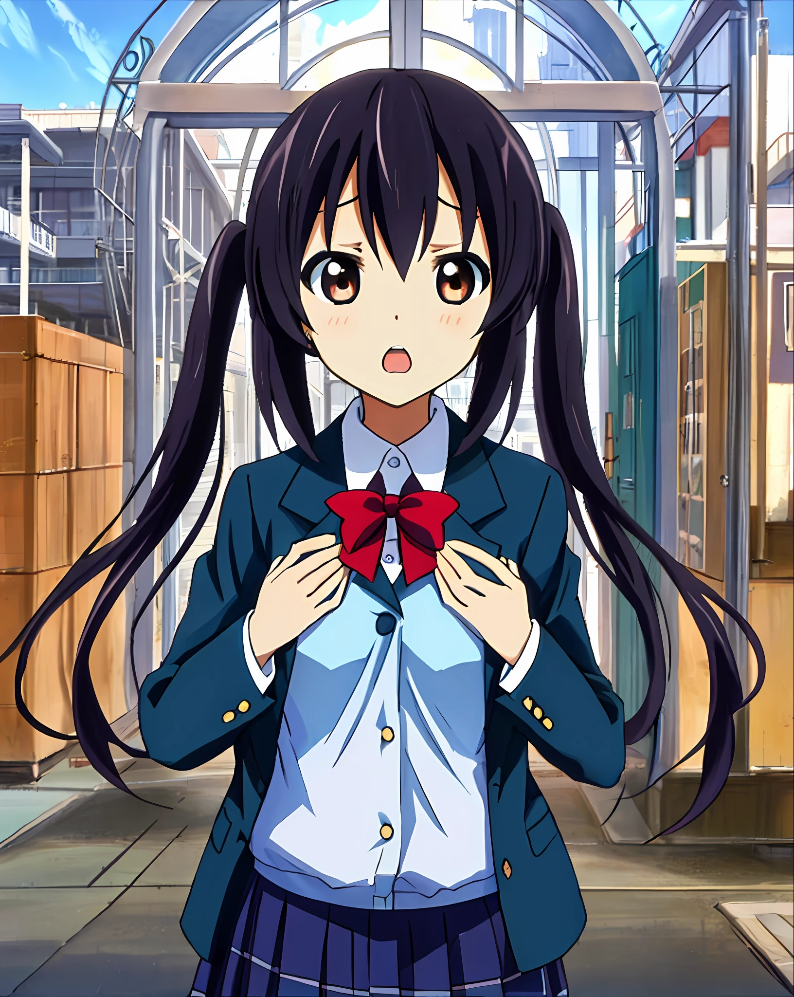 1girl, (((​masterpiece))), top-quality, top-quality, High Details, nakano azusa, 1girl, Sakuragaoka High School Uniform, student clothes, Twin-tailed, length hair, A dark-haired, brown-eyed, 独奏, reddish, Dark blue blazer with thin red ribbon, Solid white buttoned shirt under blazer, illustratio, comic strip, soothing tones, Subdued Color, Soft cinematic light, adobe lightroom, photolab, HDR, intricately and hyper-detailed、(((depth of fields))))。(((​masterpiece)))。(((top-quality))).)((ultra-detailliert)))。(((illustratio)))。(((takeout))).dynamic focus.small breasts.(((Skyscrapers))).(((A city scape))).(((Face of sadness))). open mouth.(((put hands on the hip))).(((up chest))).