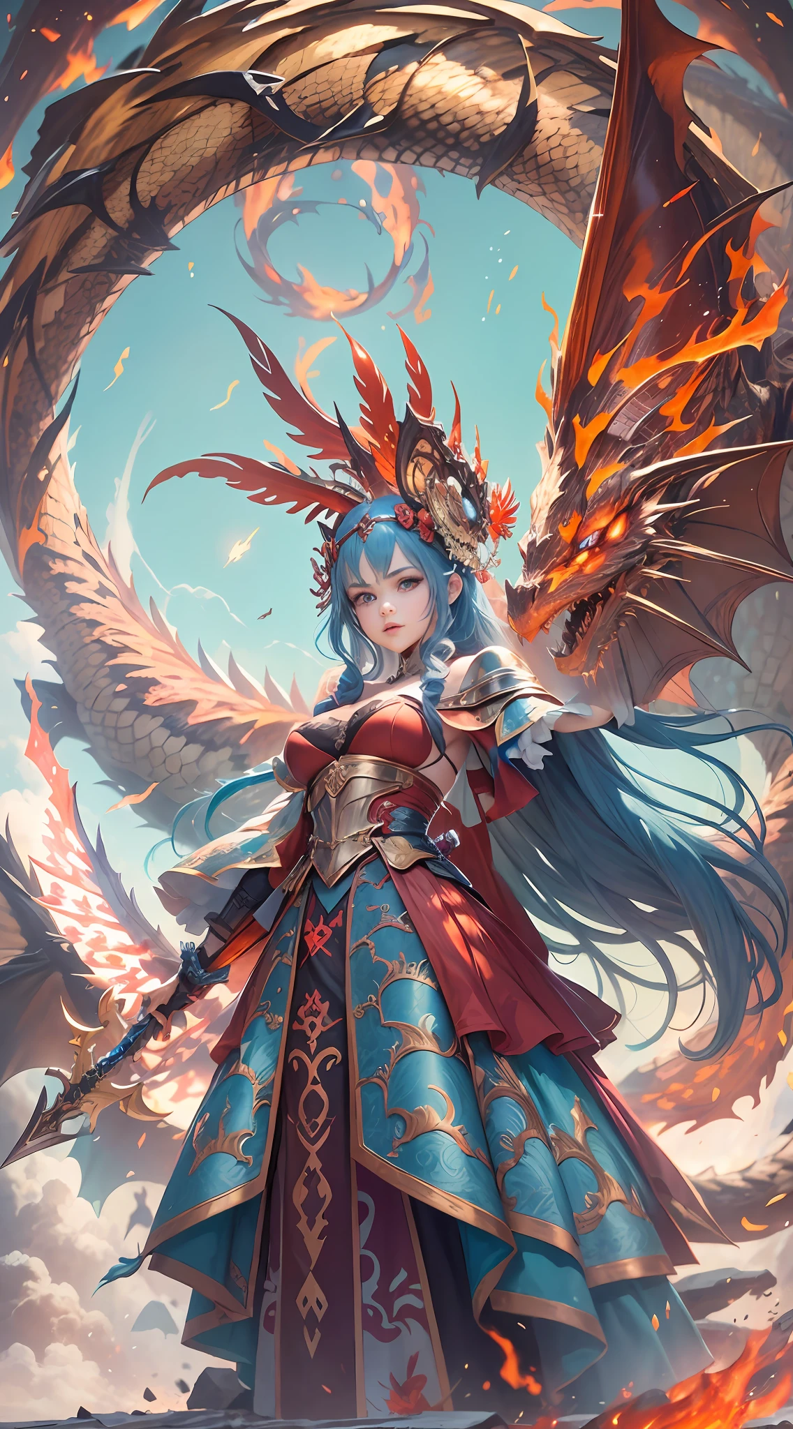 （the detail：1.4）, 3D combination with dragons, Human dragon tail, A girl in dragon scale armor, The dragon pattern on the armor is golden, (Fiery red clothes), Off-the-shoulder fashion, Dynamic movement of sword dance in a human-centered circle, Showing meticulous、A fusion of fine punk steam and baroque lolita, The gesture of waving a large sword with both hands, Sword Qi spins, Countless meteorites fell from the sky, Intricate dragon pattern headdress, Fluttering lace flared miniskirt, Full breasts, On the chest is a dragon crystal that shines blue light, Clean long blue hair, long vertical curly, Burning ruins background, cinmatic lighting, devil pupils, His face showed inexplicable excitement。。, Determination, The upper arm is tied with a ribbon, This big fireball is flying all over the sky, Rococo style, Depth of field, Depth of field, Ray tracing, Motion blur, surrealism, art-deco, hdr（HighDynamicRange）, Textured skin, hyper HD, Masterpiece, High details, High quality, Best quality, A high resolution, 16k