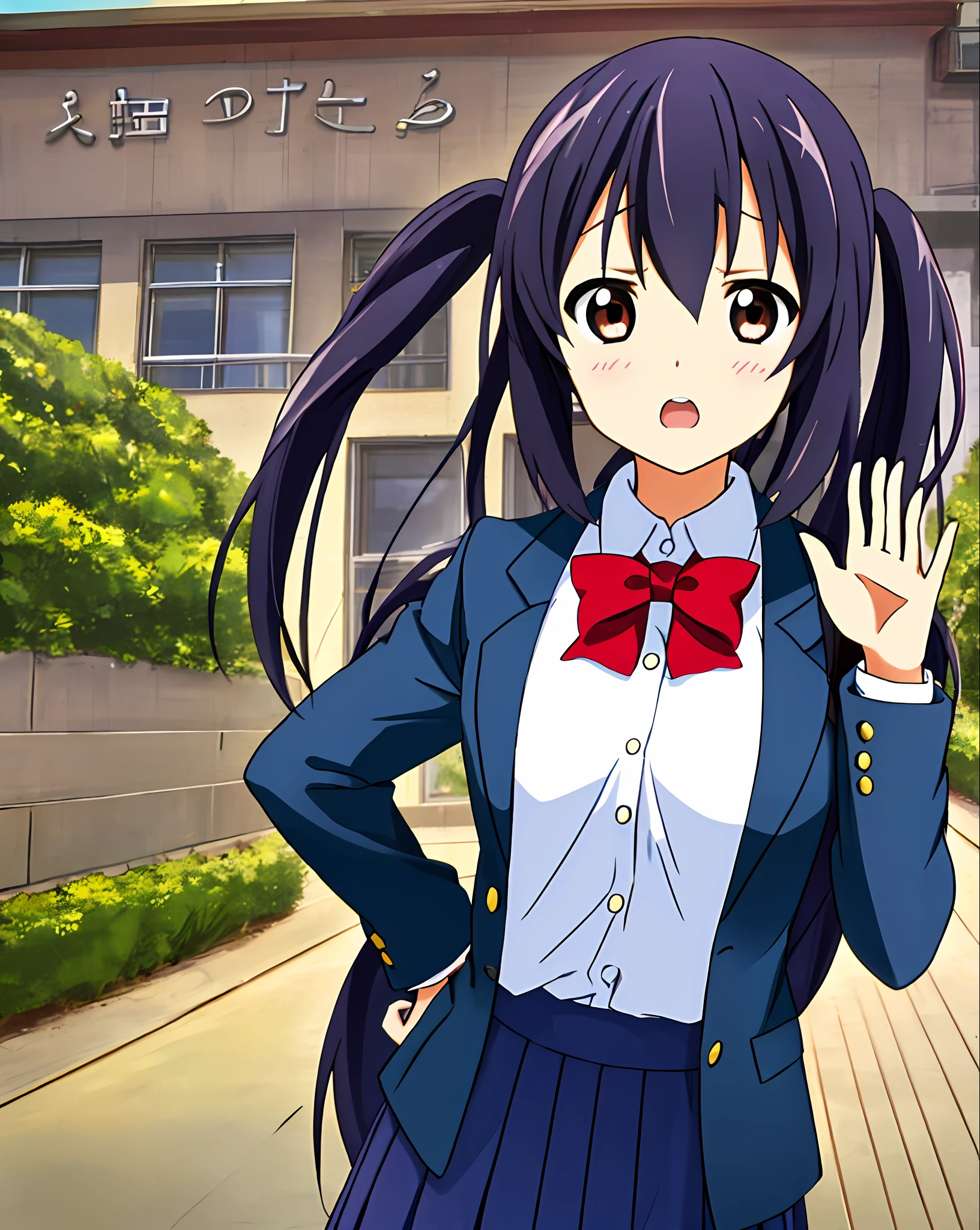 1girl, (((​masterpiece))), top-quality, top-quality, High Details, nakano azusa, 1girl, Sakuragaoka High School Uniform, student clothes, Twin-tailed, length hair, A dark-haired, brown-eyed, 独奏, reddish, Dark blue blazer with thin red ribbon, Solid white buttoned shirt under blazer, illustratio, comic strip, soothing tones, Subdued Color, Soft cinematic light, adobe lightroom, photolab, HDR, intricately and hyper-detailed、(((depth of fields))))。(((​masterpiece)))。(((top-quality))).)((ultra-detailliert)))。(((illustratio)))。(((takeout))).dynamic focus.small breasts.(((Skyscrapers))).(((A city scape))).(((Face of sadness))). open mouth.(((put hands on the hip))).(((up chest))).