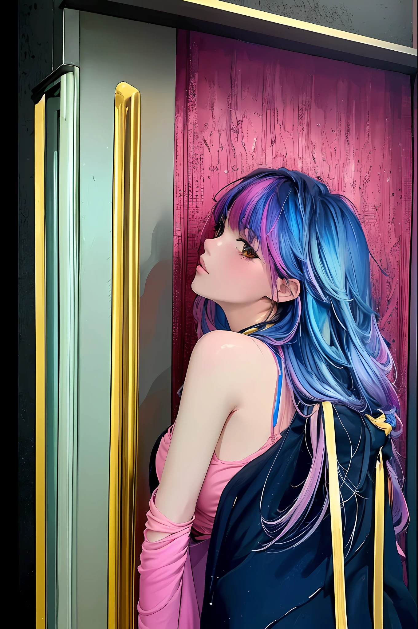 (masterpiece, top quality, best quality,watercolor (medium),official art, beautiful and aesthetic:1.2),(1girl:1.3), (fractal art:1.3),upper body, from side, looking at viewer,patterns,(rainbow color Hair,colorful hair,half blue and half pink hair:1.2),water,liquid, cloud,colorful, starry,stars,