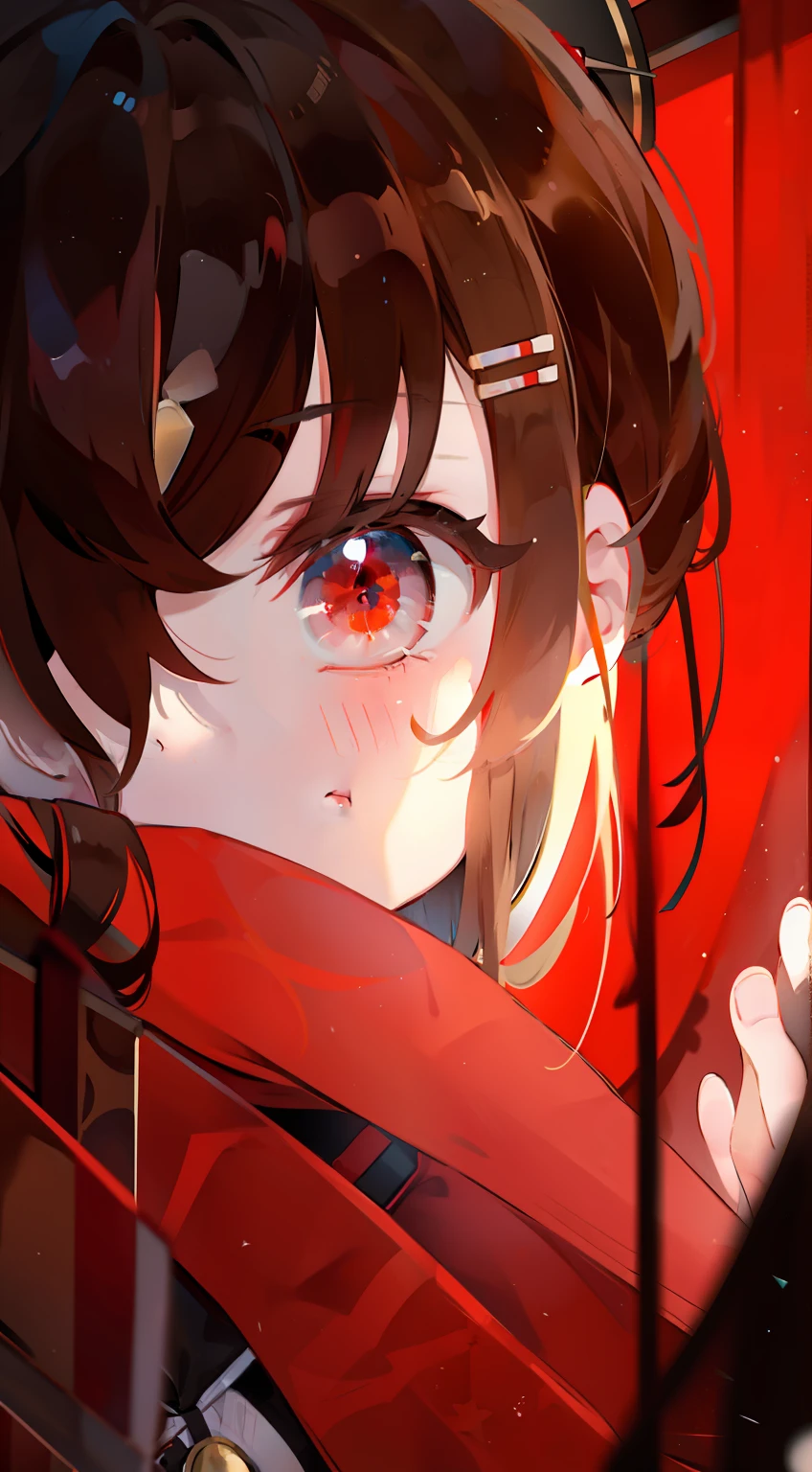 Brown hair、Red ribbon on head、Straight face、red eyes