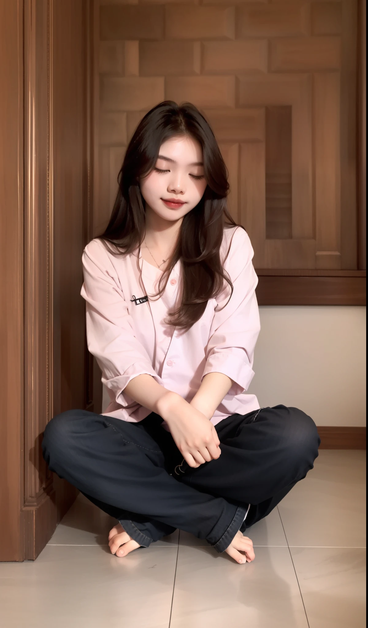 Sleeping girl, 22 years old, realistic, she is wearing long pants, she is wearing pink pajama, brown hair.