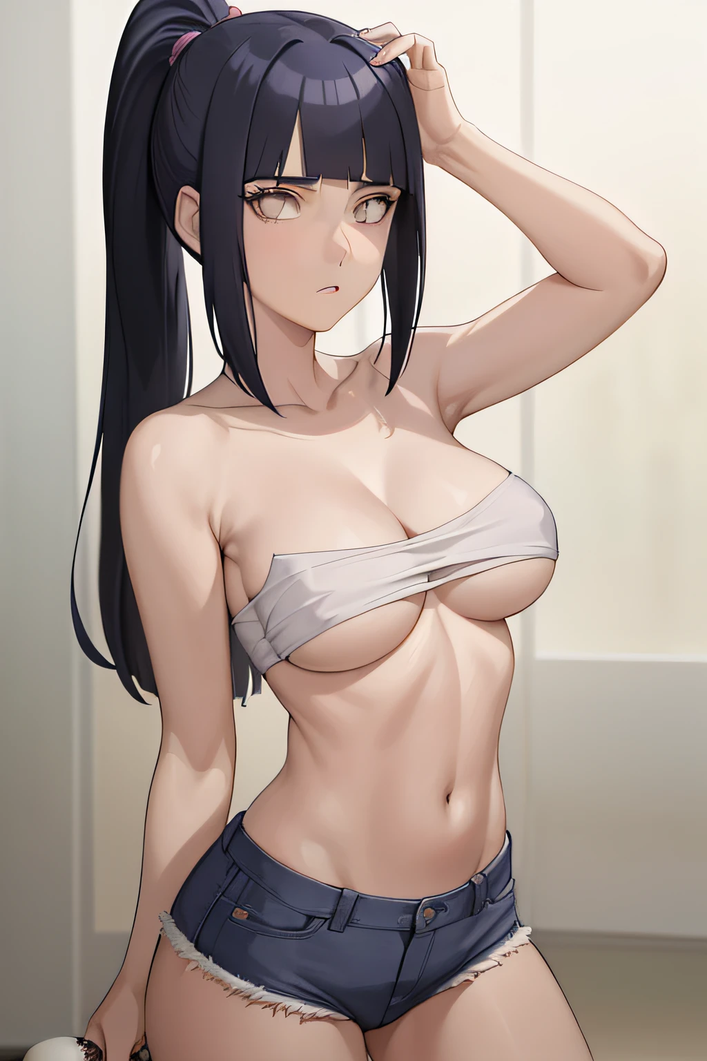 ((masterpiece:1.2, best quality)), hinata/(boruto/),1girl, long hair, dark blue hair, purple eyes, baseball shirt, baseball pants holding a baseball, straight, mature, blunt bangs, medium breast, ponytail, (((busty))), skinny waist, ((cleavage)), bare neck, thighs, (bare collarbone), posing, ((((bare breasts)))), (()),