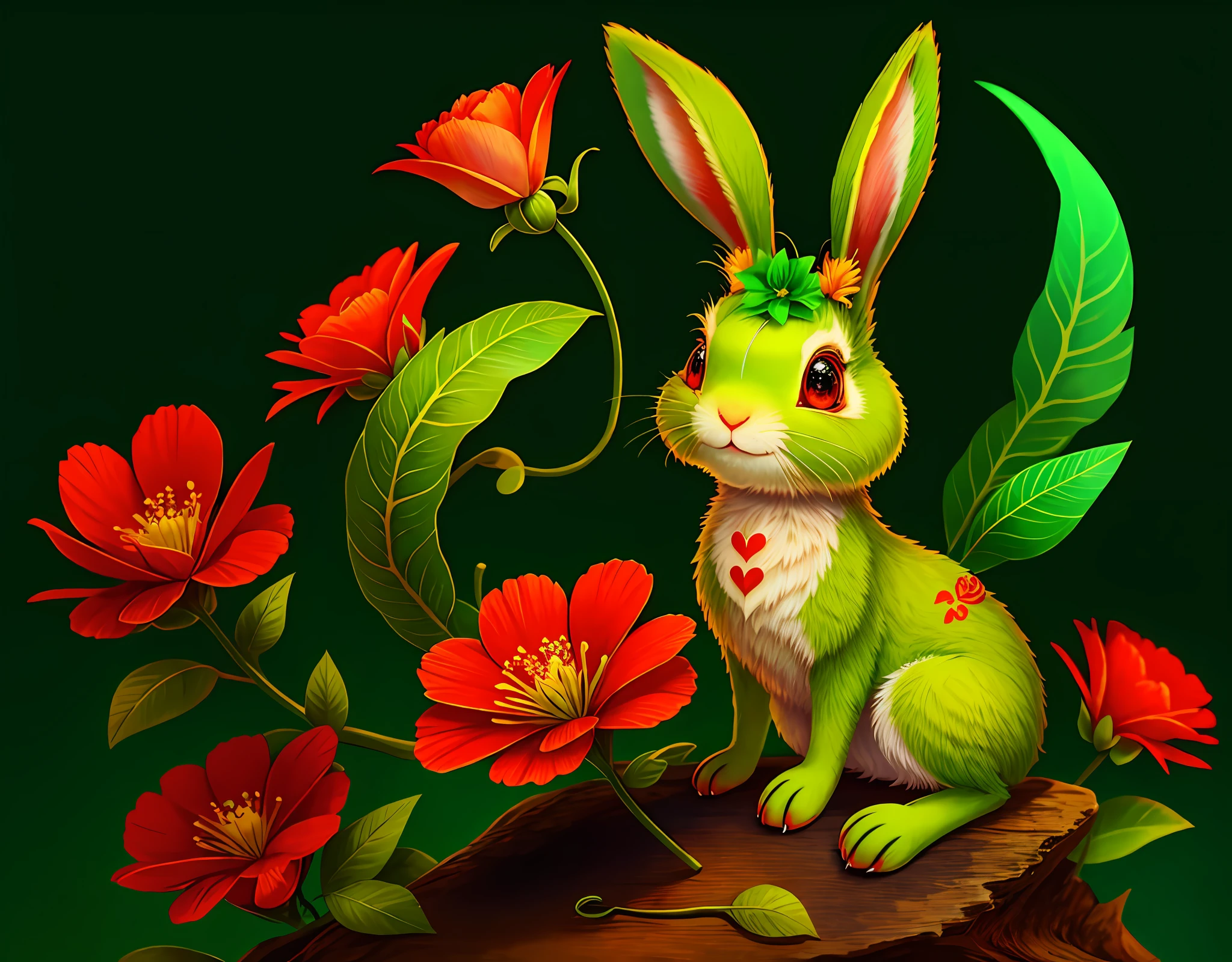 Bipedal creature resembling a green rabbit, heart tattoo, red flower on head, happy expression, caterpillar tail, masterpiece, best quality