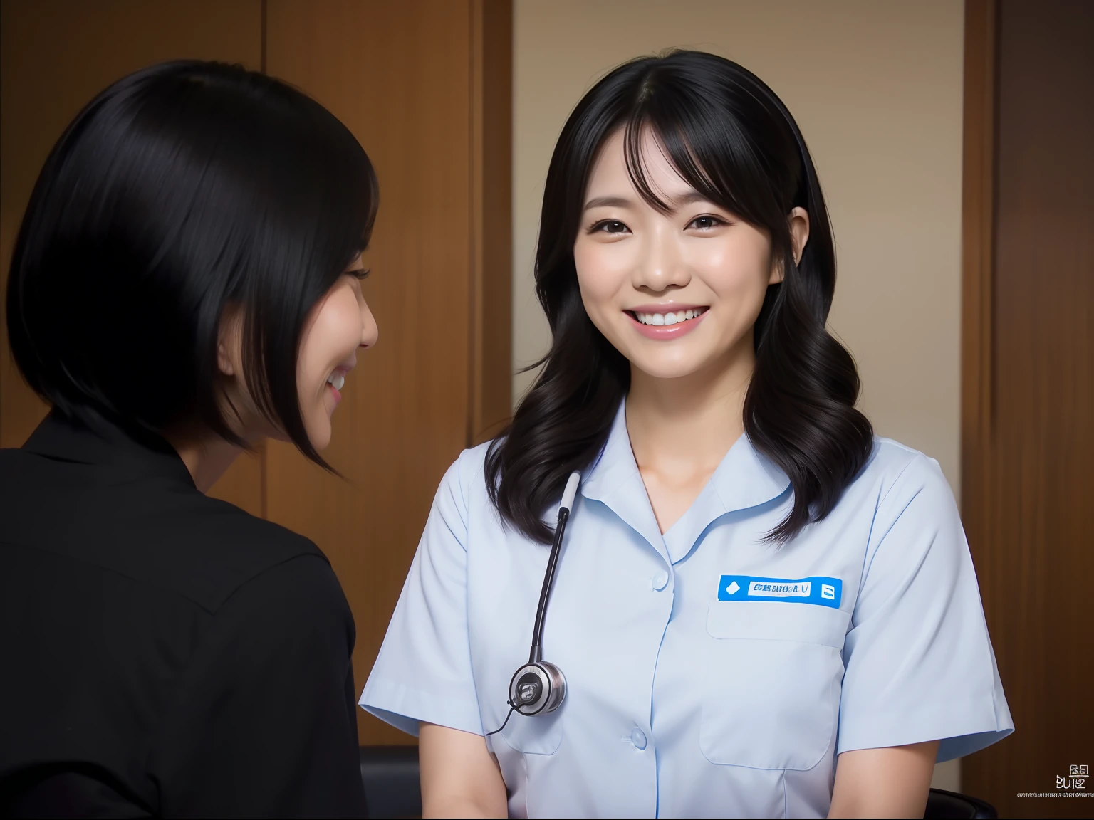 nurse, femele, japanes, Being interviewed, black hair, light smile, Canon, UHD