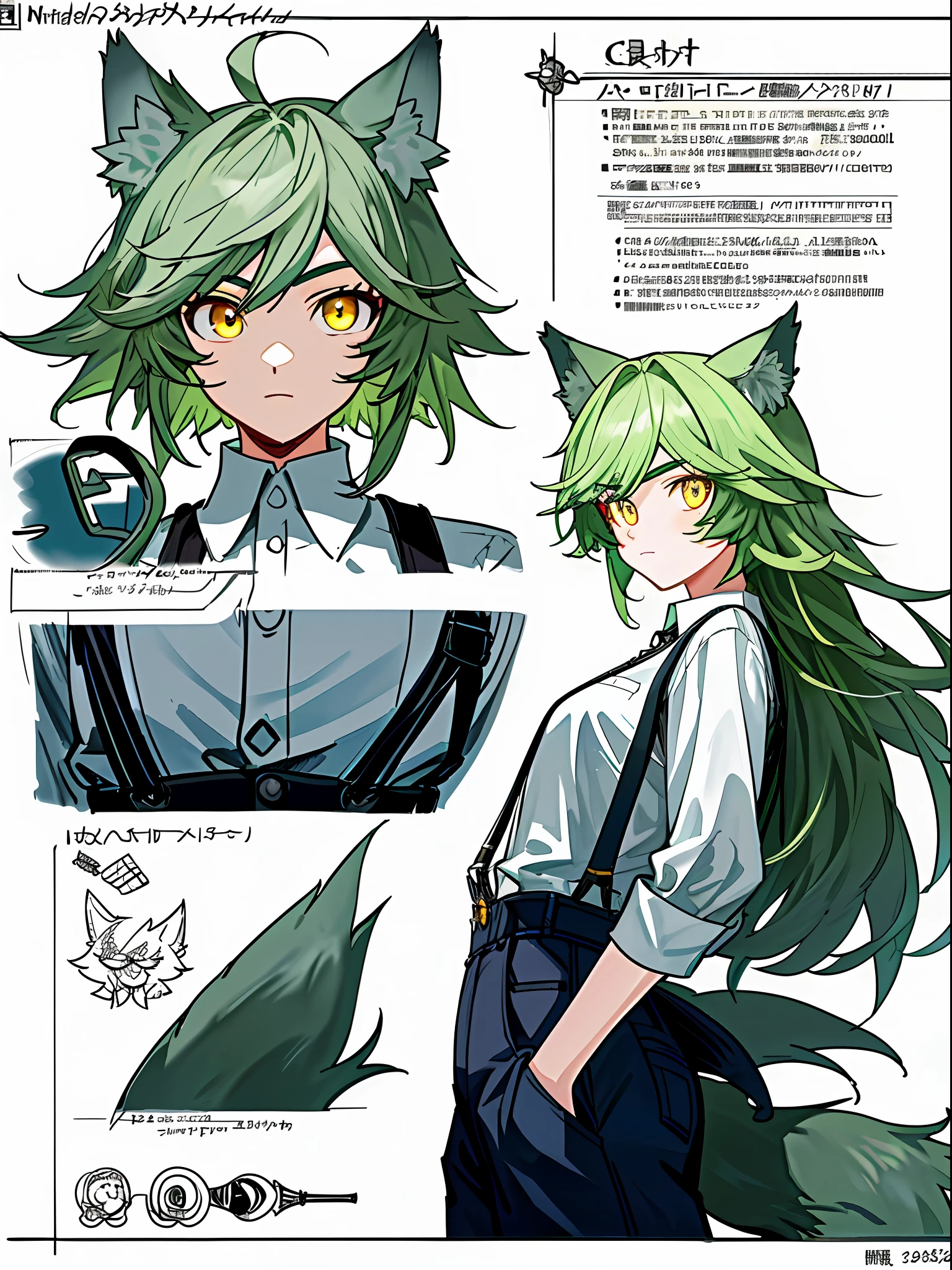 (tmasterpiece:1.2),(best qualtiy:1.2), white shirt, Black skinny suspenders,Light green hair, Mullet head, Yellow eyes, Wolf ears,Wolf tail, expressiveless,orthofacial,Pose,looking at viewert,Elaborate Eyes,Detailed skin,reference sheet,k hd,tmasterpiece,super detailing, (best qualtiy, A high resolution),Ultra-high pixel,ultraclear,32K,CGMokadon Pop ----Niji 5