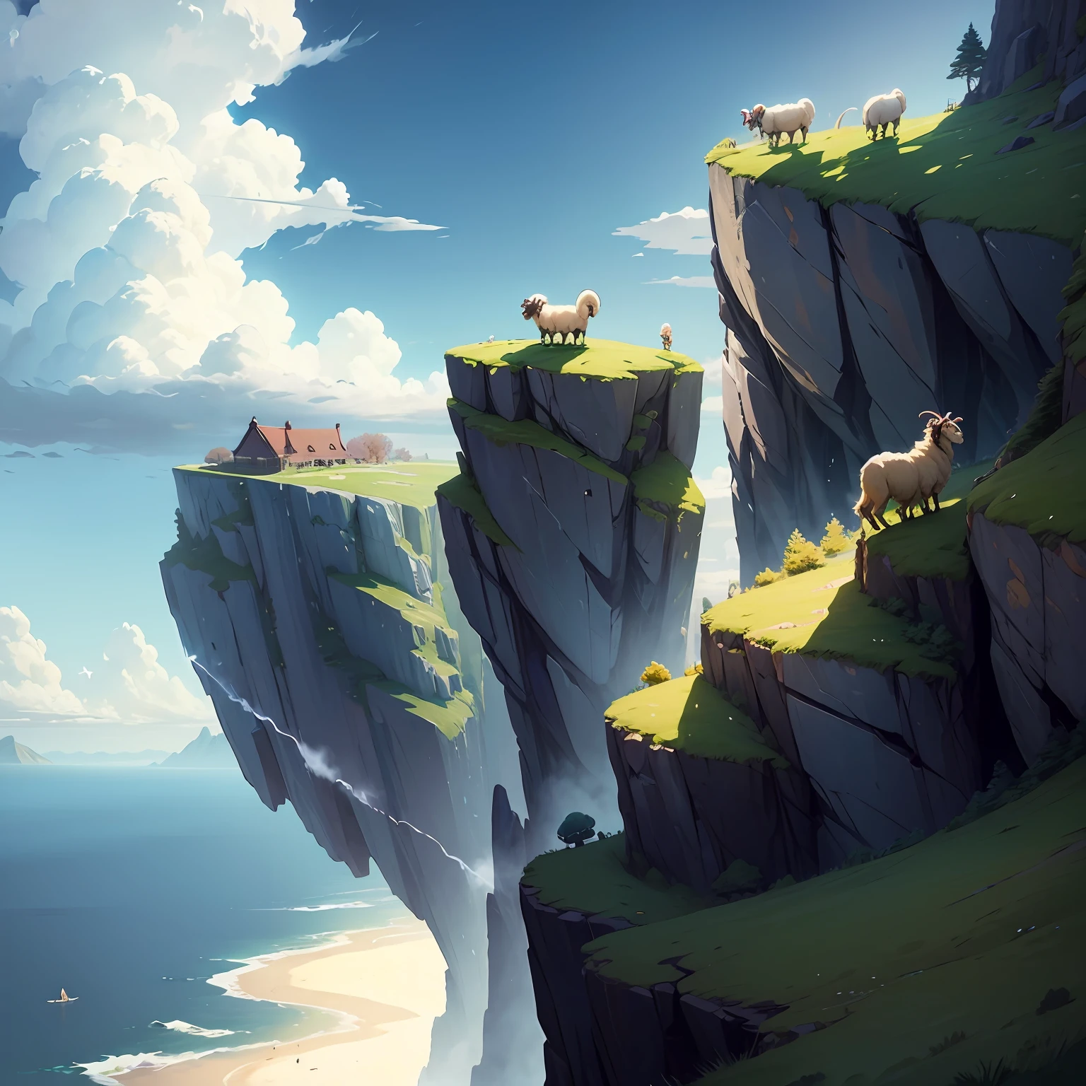 Mythical beast sheep,Steep cliffs,The sky is bright,Makoto Shinkai painting style,borgar,Western Dragon,The sheep are the protagonists --auto