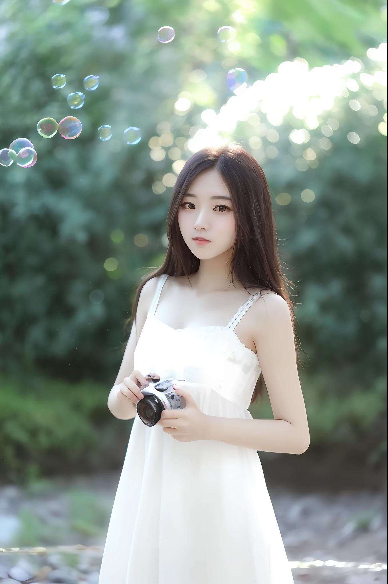 Arapei girl in white dress holding camera and bubbles, Beautiful young Korean woman, Beautiful girl model, young and cute girl, Gorgeous young Korean woman, a cute young woman, Photography], cute young woman, beautiful Korean women, Chinese girl, Beautiful Asian girl, xintong chen, Beautiful model girl, photography 50mm f1.4