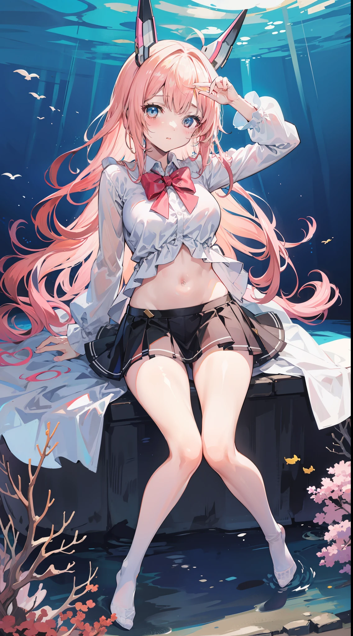 Masterpiece（（tmasterpiece）），（white short blouse），（（black micro skirt）），（White transparent stockings），（No shoes on），adolable，Raised sexy，is shy，（Long pink）Hair，red bowtie，head gear，long leges，（At the bottom of the sea），Open navel