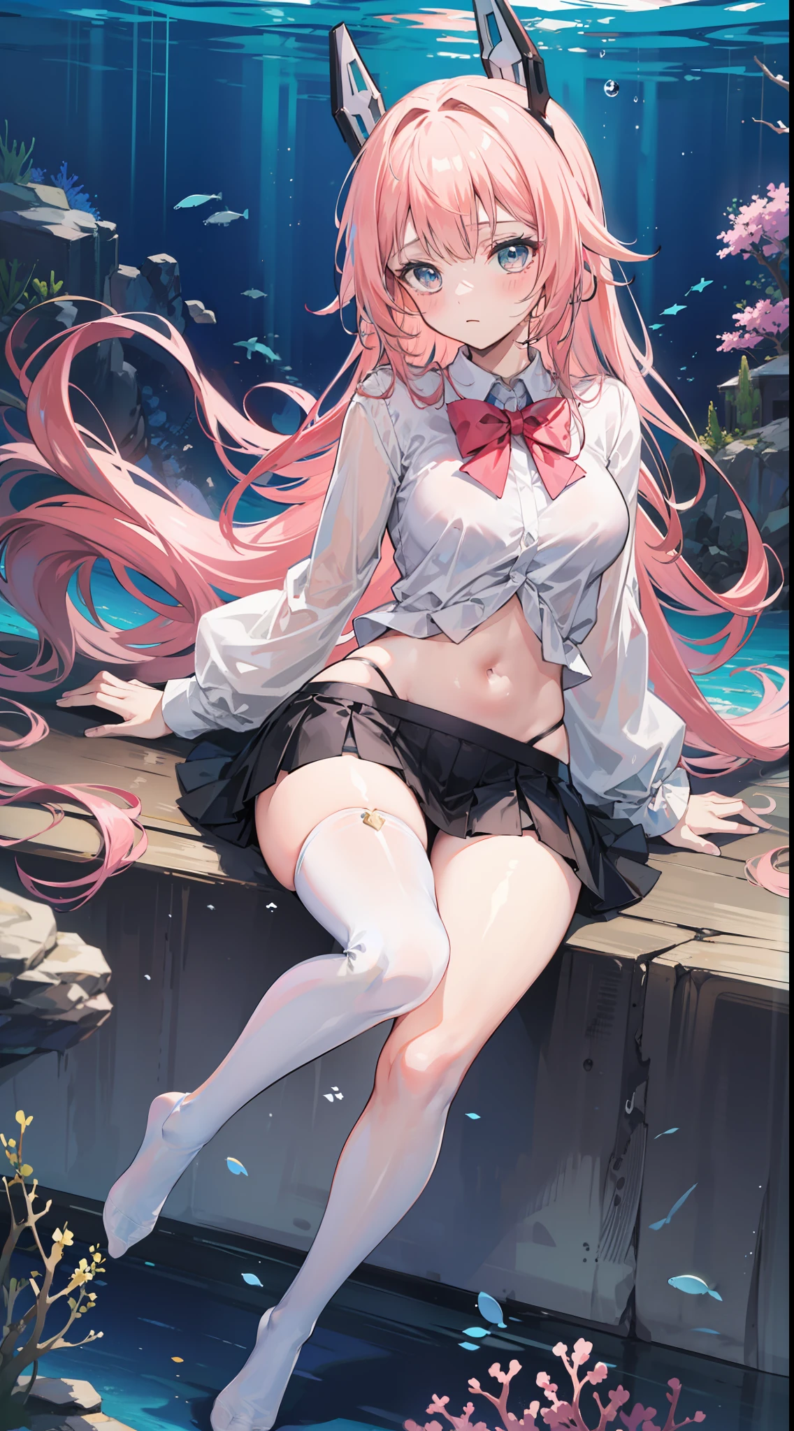 Masterpiece（（tmasterpiece）），（white short blouse），（（black micro skirt）），（White transparent stockings），（No shoes on），adolable，Raised sexy，is shy，（Long pink）Hair，red bowtie，head gear，long leges，（At the bottom of the sea），Open navel