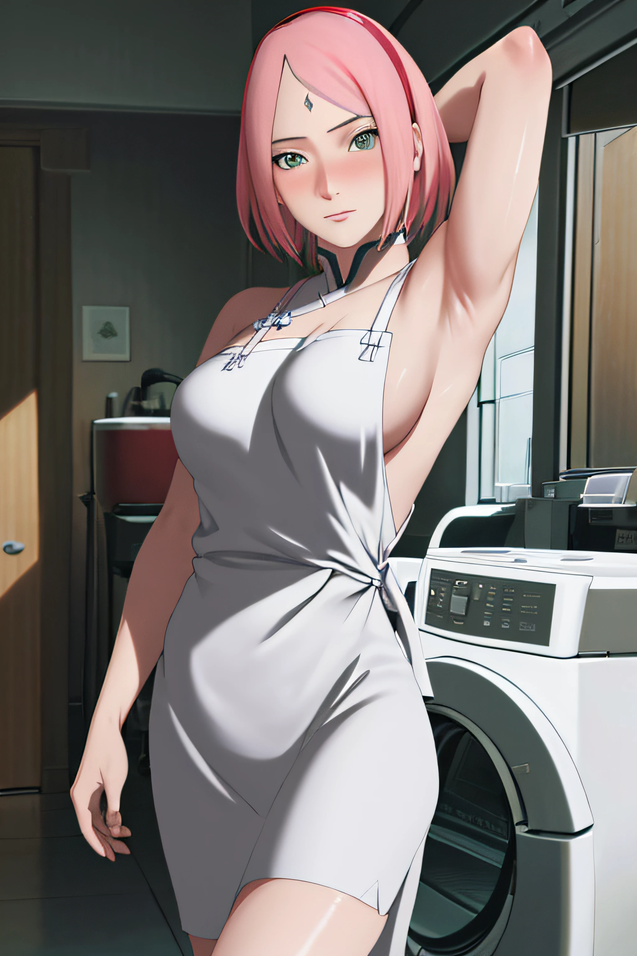 masterpiece, absurdres , (intricate details), (colorful),cinematic lighting,bust shot,extremely detailed CG unity 8k wallpaper,1girl, haruno sakura,red hairband,forehead mark,washing machine,, naked white apron, kitchen, arms behind back, blush, looking at viewer, large breasts, sideboob, busty, sexy, provocative,