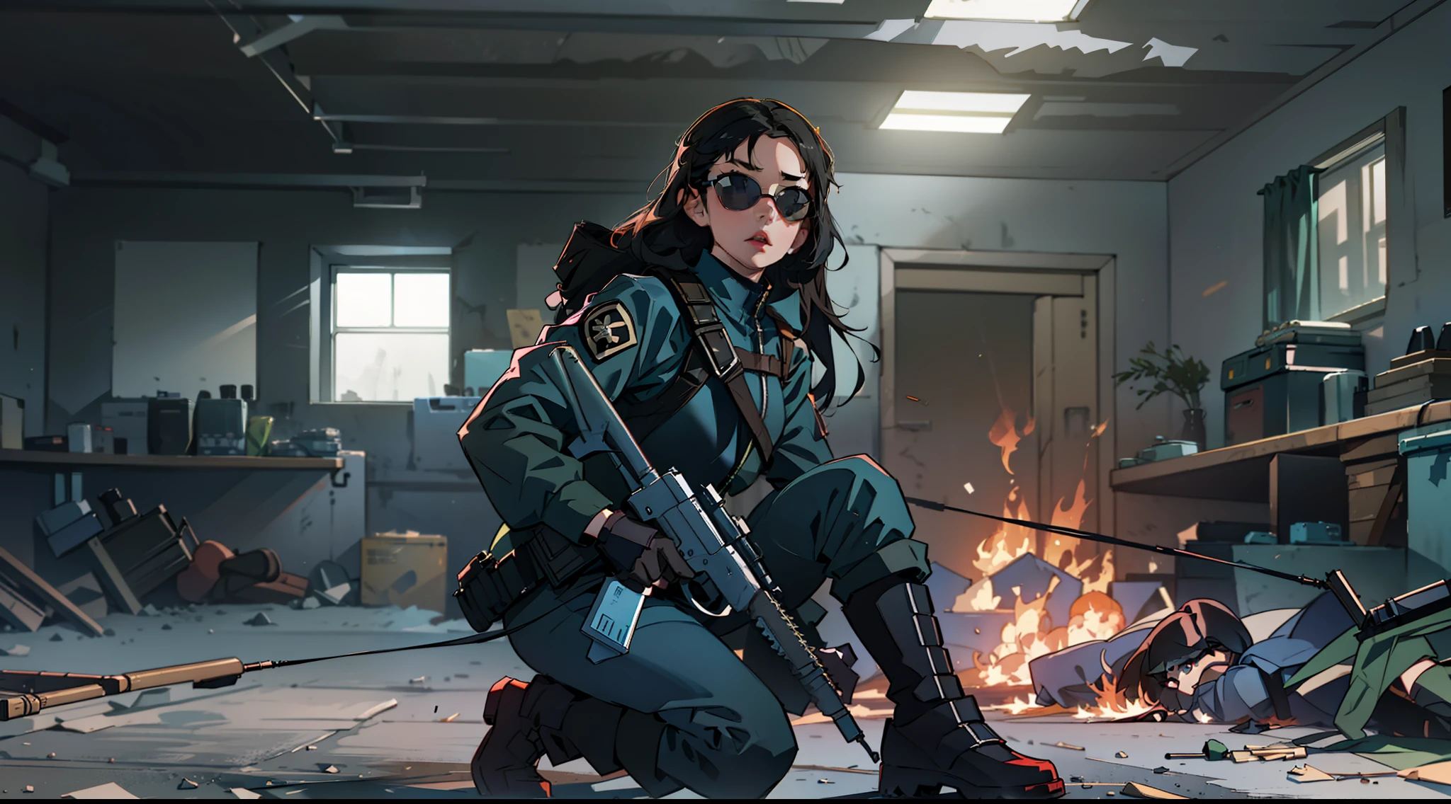 a beautiful woman with black hair fights for her life in a firefight, she fights back the shots fired at her and she wears a black military outfit with gloves and boots and dark sunglasses and this whole shooting takes place inside a building