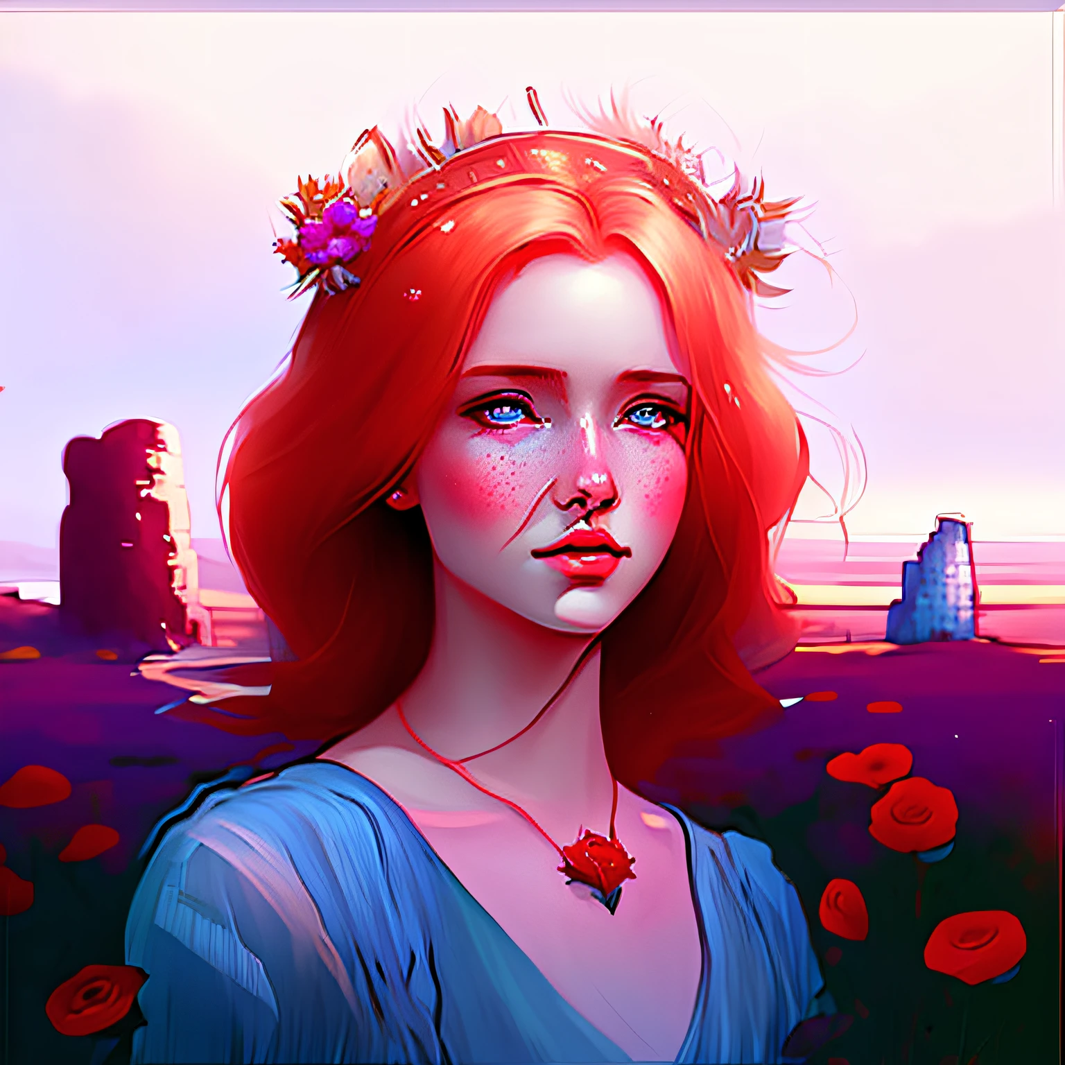 blond woman with red hair and blue eyes in a field of flowers, artwork in the style of guweiz, loish and wlop, in the art style of bowater, loish art style, inspired by loish, artgerm and atey ghailan, gorgeous digital painting, digital fantasy portrait, elegant digital painting, aesthetic portrait, soft digital painting