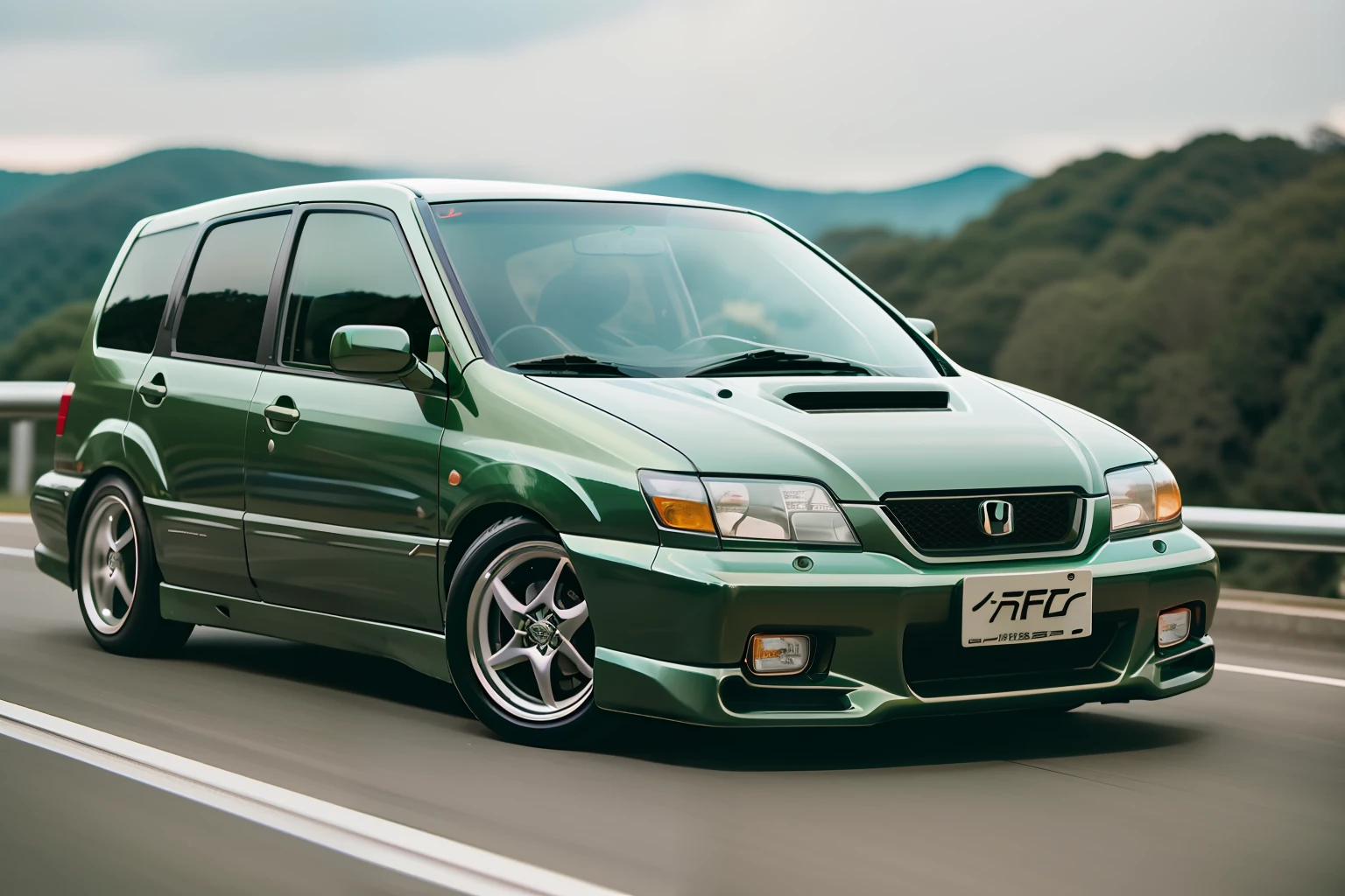 Honda Freed＋、High quality photos、bokeh dof、analogue、depth of fields、portra 800 film、(((nffsw)))、(((Need for Speed)))、Wide Being、The color of the car is moss green