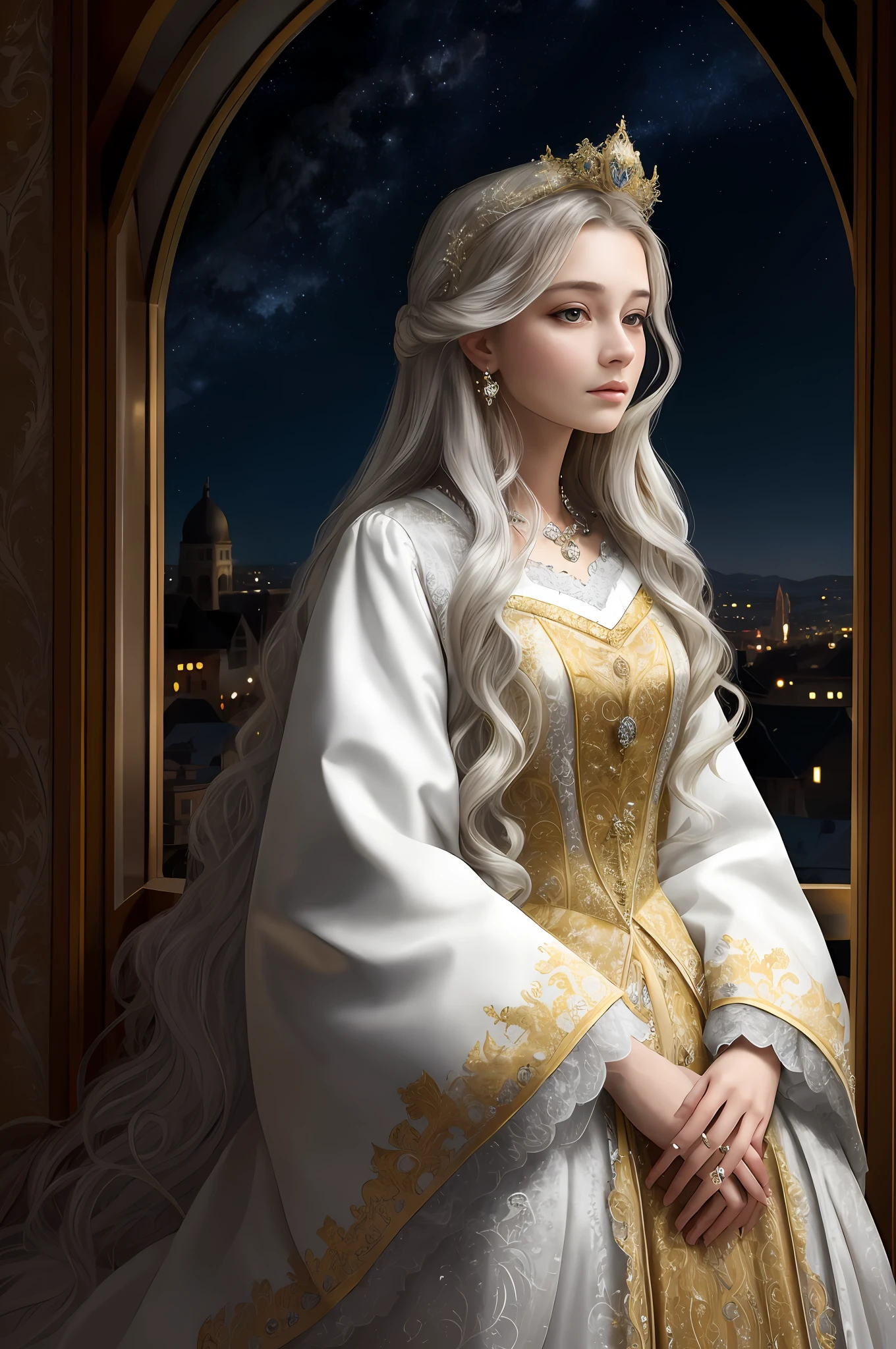 (FollyNobodySD15:0.8) medieval portrait fantasy (royalty:1.1) long [silver|blonde] wavy hair no tiara princess glorious elaborate ornate royal white and gold robes, bright nightsky from window, (masterpiece:1.2) (best quality) (detailed) (intricate) (8k) (HDR) (wallpaper) (cinematic lighting) (sharp focus)