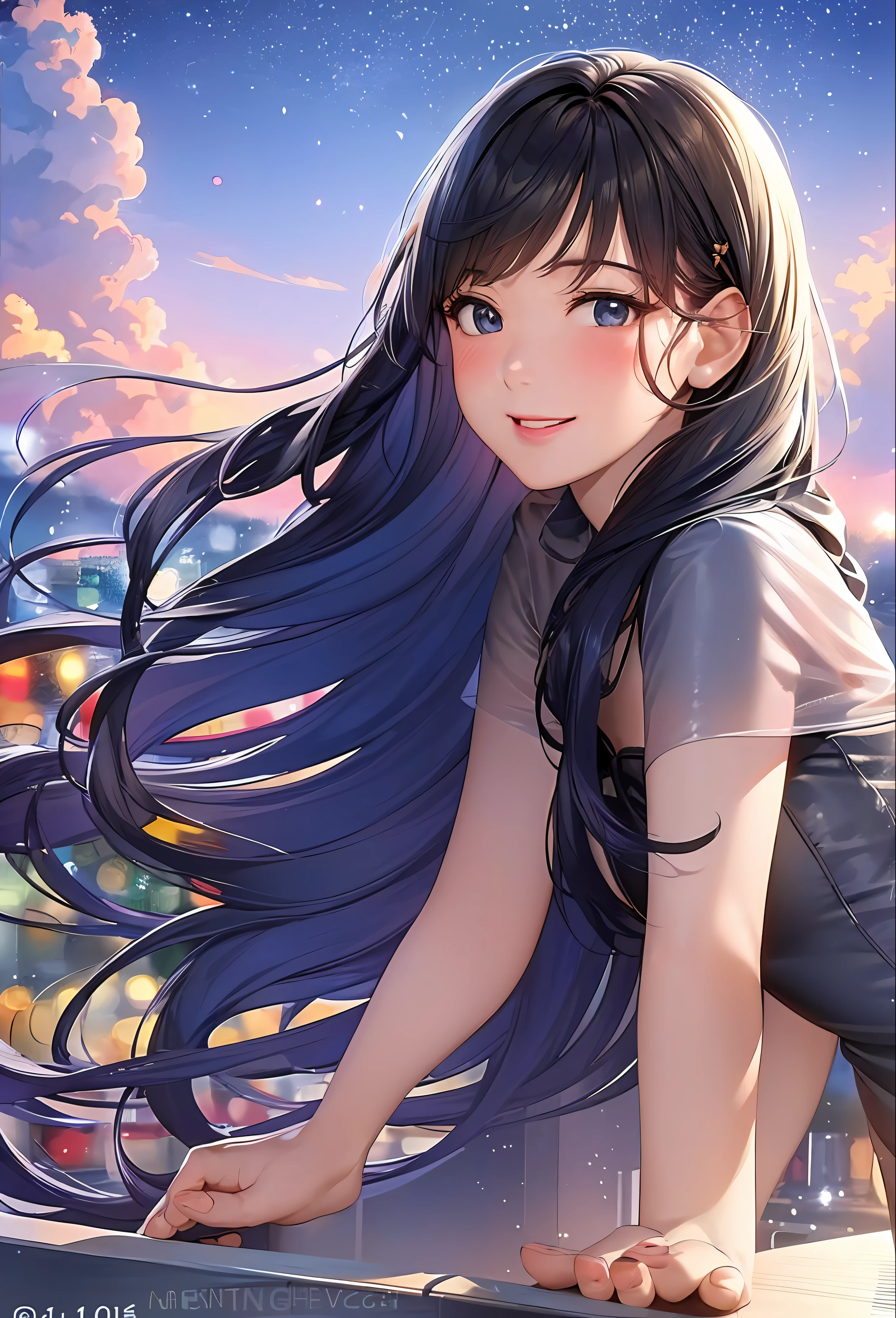 (8k, top quality, masterpiece: 1.2), (realistic, photorealistic: 1.37), super detailed, girl single, cute, solo, midnight, beautiful detailed sky, detailed café, sitting, date, (blush), (smile: 1.15), small breasts (mouth closed), beautiful fine eyes, floating hair NovaFrogStyle, back open dress