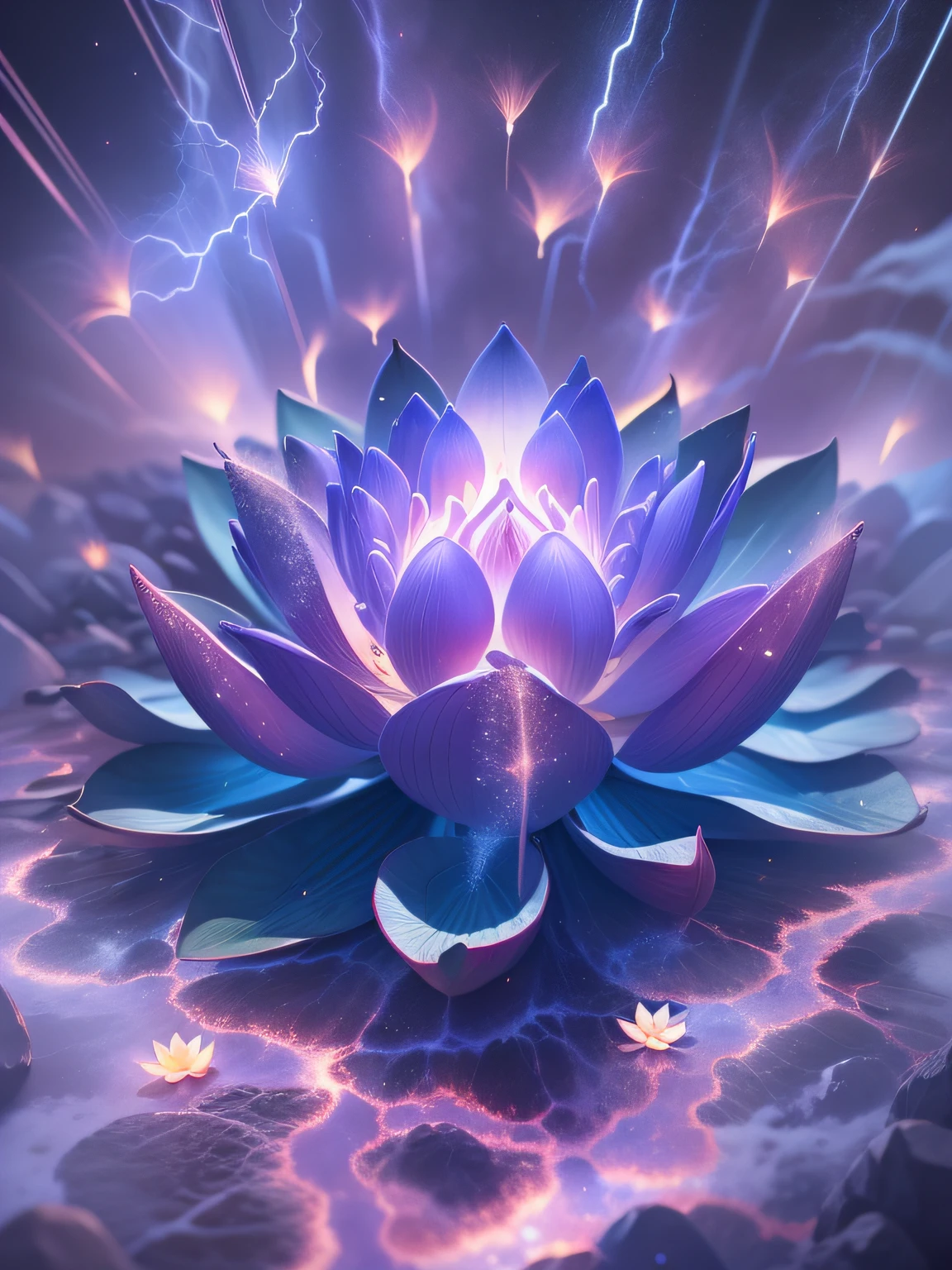 The Great Lotus in the Light of Tyndall   {blue white colors}Fire，Lightning arc，Light effects,CG,Blizzard style art trends,Diffuse luminous fog Glow-in-the-dark particles,Brilliant volumetric light - AR 3:4 --s 750 --v 5.2