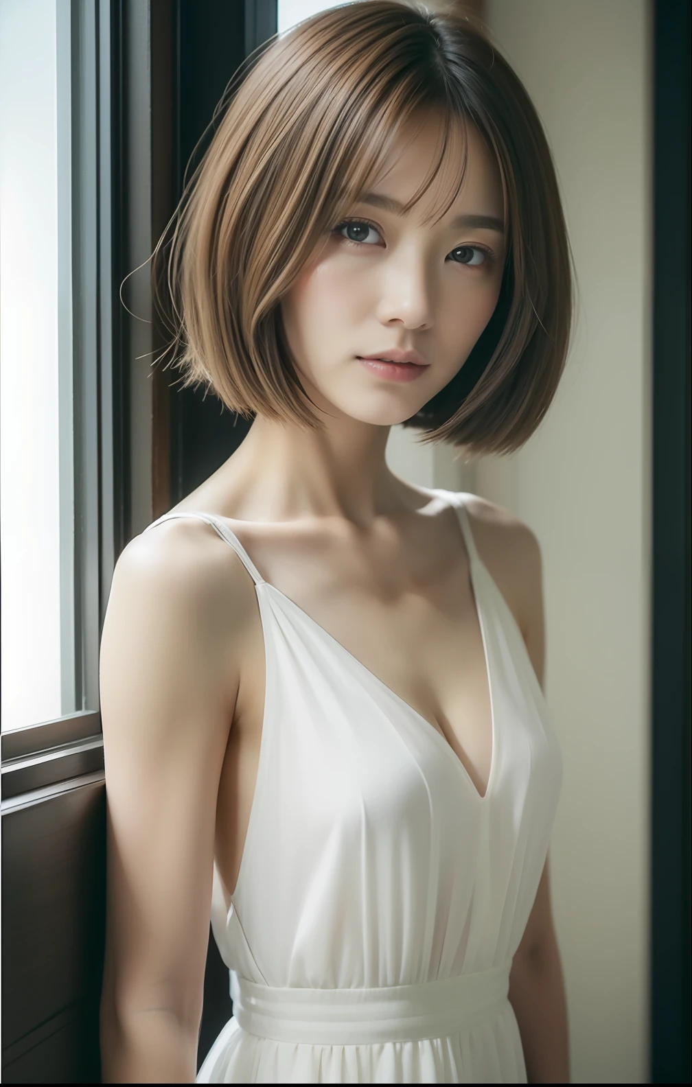 Winter view from the window、Warm room((top-quality、8k、masterpiece))、1人、Beautiful woman with slender abs、Short-cut hairstyles 、Women in Japan、High resolution full body pose、Highly detailed facial and skin texture、White see-through dress、a bed、hyperdetailed face、A detailed eye、二重まぶた