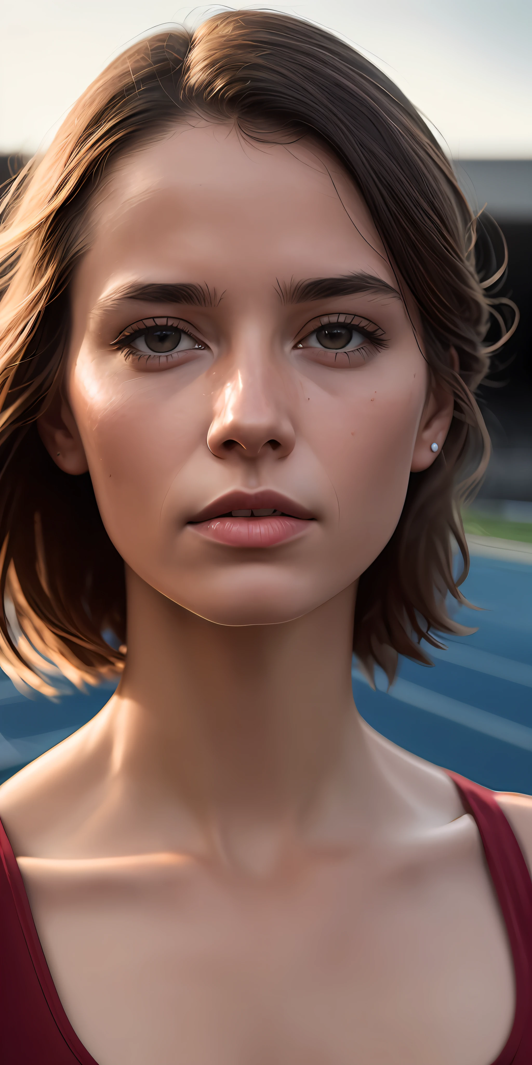 beautiful mature Swedish college girl, outside on track field, ((slim, petite)), photorealistic, photo, masterpiece, realistic, realism, photorealism, high contrast, photorealistic digital art trending on Artstation 8k HD high definition detailed realistic, detailed, skin texture, hyper detailed, realistic skin texture, armature, best quality, ultra high res, (photorealistic:1.4),, high resolution, detailed, raw photo, sharp re, by lee jeffries nikon d850 film stock photograph 4 kodak portra 400 camera f1.6 lens rich colors hyper realistic lifelike texture dramatic lighting unrealengine trending on artstation cinestill 800,(((full naked))),full body