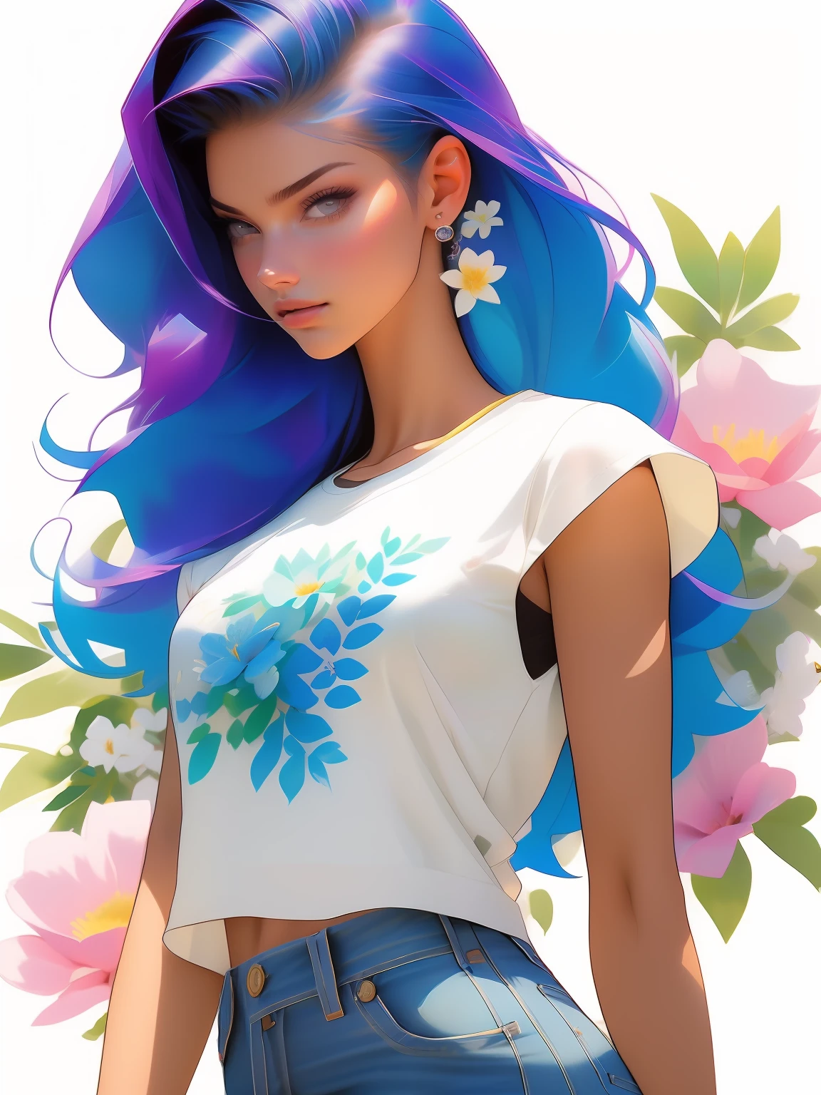 fantastic style::Marcos Silvestri  ::5.0 comix illustration style, Fantastic paintings - quality  ,illustration style, circunstanciado ,estilo tatoon ,  adriana lima ,mulher bonita com haiR LONGO RETO ULTRA DETALHADO, (fundo bonito e claro:1.2), (CG extremamente detalhado, ultra-detalhado, Melhor sombra:1.1), ((profundidade de campo)), ((Aquarela)), seios grandes(com jeans e uma camiseta ou vestido branco:1.3), bareshoulders, flowers and petals, beautiful concept illustration , (fundo branco:0.5), (illustration :1.1), (extremamente fino e bonito:1.1), (detalhes perfeitos:1.1)