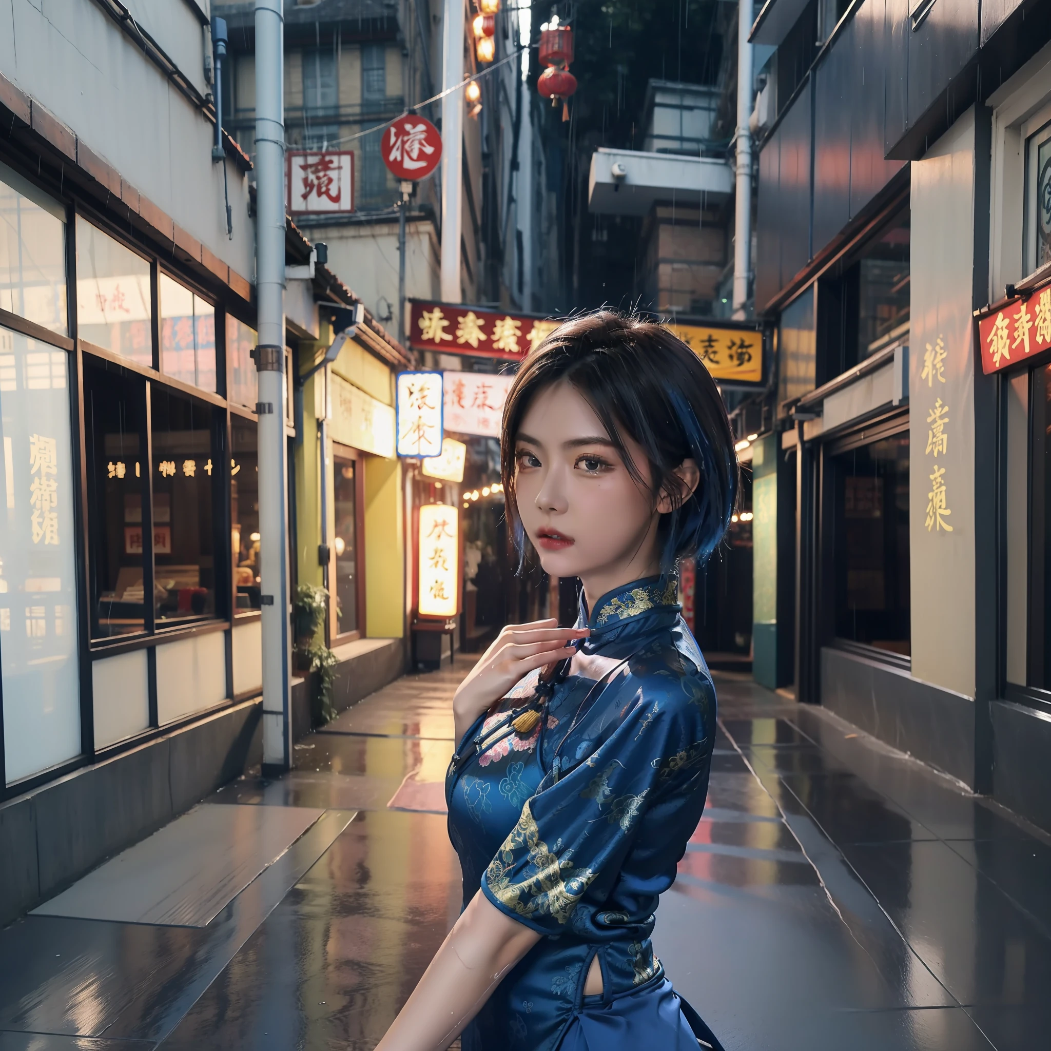 bluer hair:1.2,Short hair,femele,Ancient Chinese street scene,Rainy days,The blue cheongsam is tight,Cheongsam broad bare chest,The skirts parted,Satin,Image of full body legs,Get wet,Wet hair