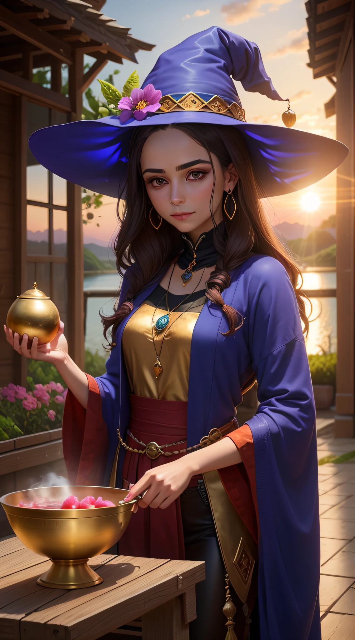 Our witch of Guava is portrayed in a moment of balance and spiritual connection in the Temperance card. Seus longos cabelos pretos caem em cascata sobreseus ombros, adding a mysterious and enigmatic touch to your appearance.

She's standing in the middle of a quiet creek, holding two golden cups in his hands with skill and grace. One of the bowls is filled with a golden liquid, while the other is empty. She is carefully transferring the contents of one bowl to the other, simbolizando sua capacidade de equilibrar e harmonizar energias opostas.

His gaze is serene and concentrated, demonstrando sua sabedoria e habilidade para trabalhar com os elementos de forma harmoniosa. The scenery around you is serene, with a sunset on the horizon, representando a paz e a tranquilidade que ela traz consigo.

The witch of Guava is a master in the art of spiritual alchemy, wisely combining the energies and elements to find balance in your magical journey. Her connection to nature and her deep understanding of the cycles of life make her an inspired figure of harmony and moderation.

The image of the Goiabeira witch with two golden bowls is a reminder that, ao equilibrar nossas energias internas e externas, We can achieve a state of peace and harmony in our lives. It invites us to find calm within ourselves and work in tune with the forces of the universe to achieve wholeness and serenity.