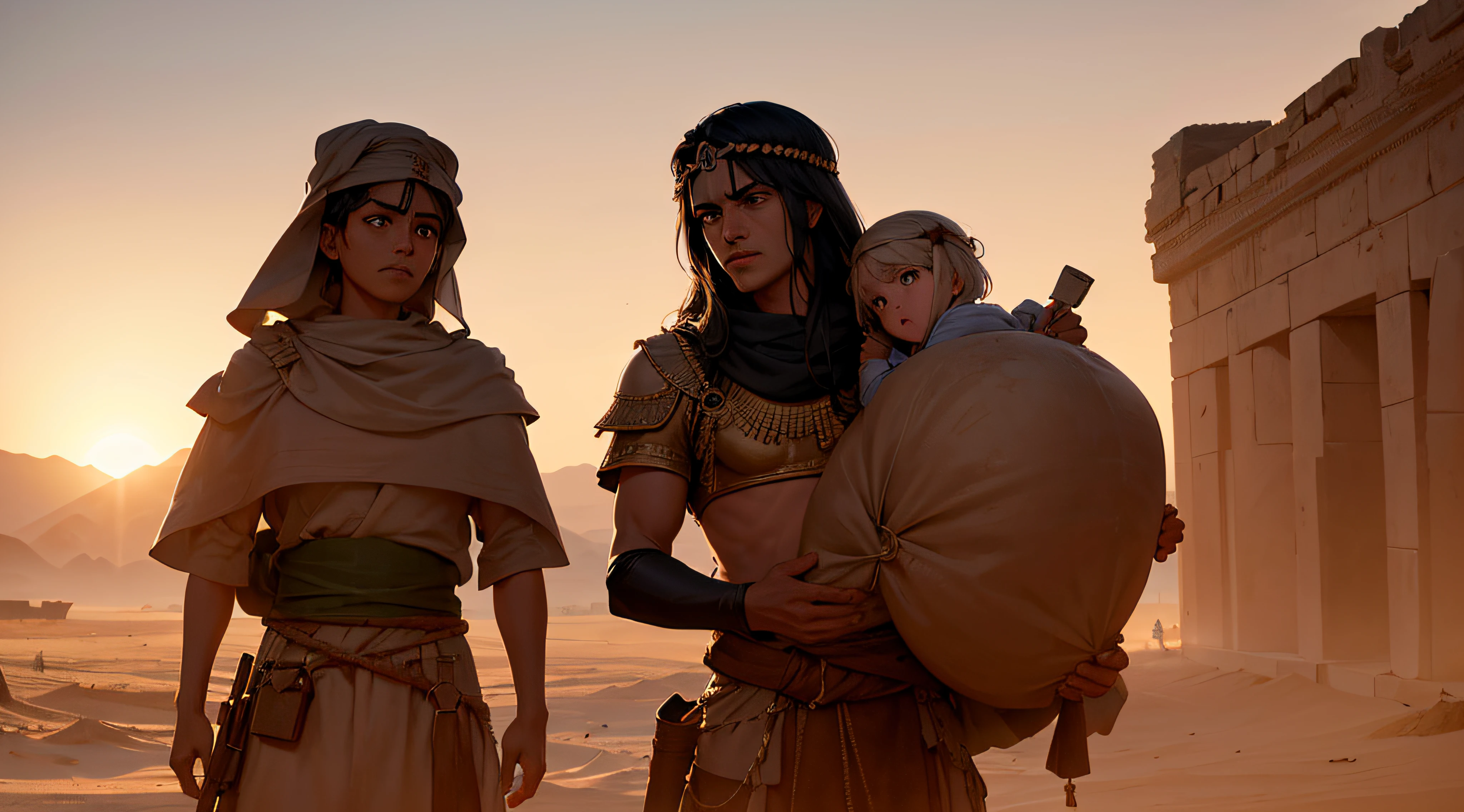 ((lifelike lighting, melhor qualidade, 8k, obra-prima: 1.3)), Foco claro: 1.2 Em um ambiente sombrio e opressor, depict the history of the enslaved Hebrews in Egypt. No calor sufocante do deserto, The Hebrews are forced to perform strenuous work, carrying heavy stone blocks to build pharaonic monuments. Their tired and hunched bodies bear witness to the long hours of forced labor. Around you, The barren, paisagem sem vida ecoa o desespero de suas almas cansadas. The Egyptian Guard, ruthless and cruel, are always present, watching with authoritarian looks and whips in hand, ready to punish any disobedience. Sadness and fear are visible on the faces of the Hebrews, whose hopes were crushed by relentless oppression. Acima deles, o sol escaldante brilha impiedosamente, sem oferecer sombra ou relevo. The tears that spring from the eyes of the Hebrews are dried by the sands of the desert, perdidas e esquecidas em meio ao sofrimento. Portray this image with the sensitivity and empathy necessary to honor the history of the Hebrews as slaves, reminding us of their resilience and battling insurmountable adversity. --auto