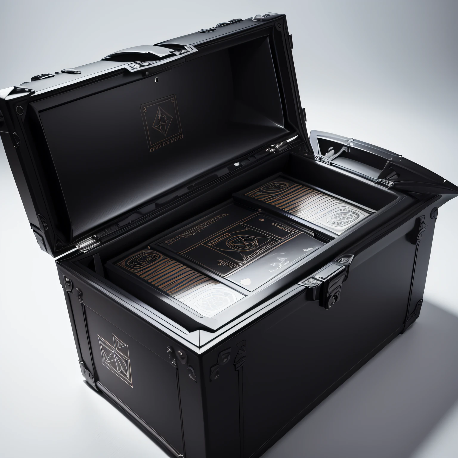 Uma caixa misteriosa, brilhando com luzes sutis, surrounded by an air of mystery and fascination. O logotipo "Black Box" it's stamped on it, criando um impacto visual. --auto