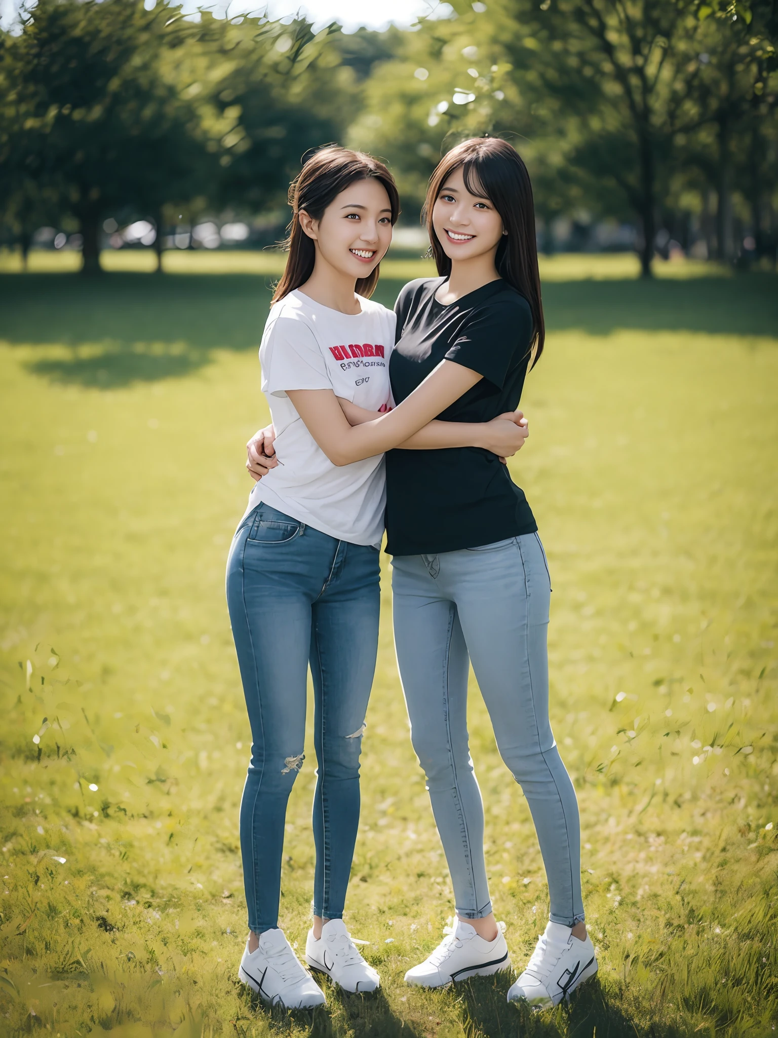 (超高分辨率,RAW photogr,realisticlying,tmasterpiece,best qualtiy:1.4),Complicated details,3个女孩,3 20 year old Korean girl,Wear a loose black T-shirt and skinny jeans,Stand on the grass and take pictures,hugs,Intimate relationships,Detailed meadow,A sweet smile on a small face,Ultra-realistic facial details,The face and skin are pink and white, and luminous,Playful and coquettish pose,The calves are straight and slender:1.2,Wear high-end brand sneakers:1.0,eventide:0.3,Broad lighting,naturalshadow:1.0,超高分辨率,taking a full body photo:1.8 --auto