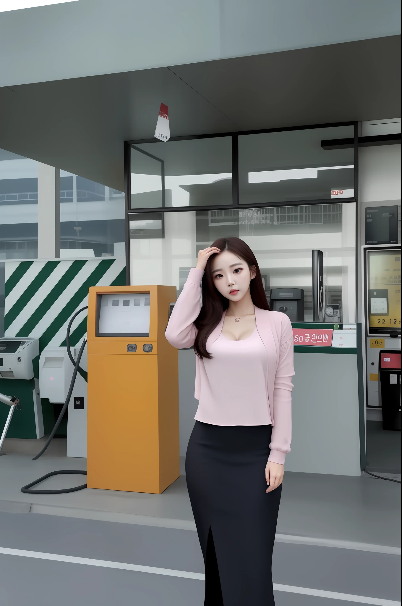 Woman in pink blouse and black skirt standing in front of a gas station, korean women's fashion model, Gorgeous young Korean woman, Beautiful young Korean woman, generous cleavage open jacket, beautiful Korean women, jaeyeon nam, Lee Ji-eun, Korean girl, lee ji eun, Choi Hyun-hwa, female actress from korea