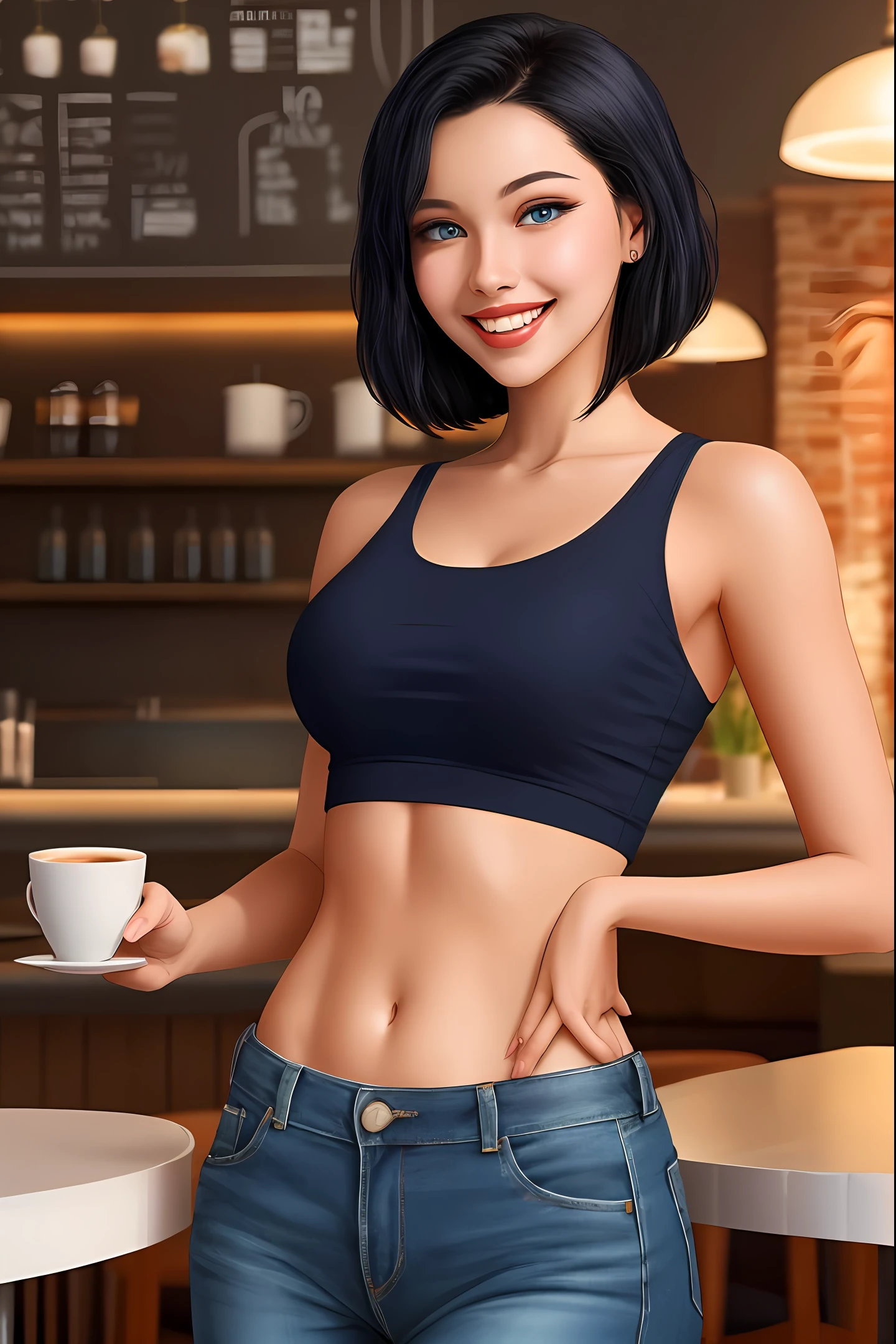 An attractive woman with diamond blue eyes, oval face with smiling shining teeth, sparkling black hair, gorgeous body, small breast, wearing a green top, strong abdomen, blue jeans, anatomically perfect, in a café, HD picture, 8k, artwork, perfect illustration