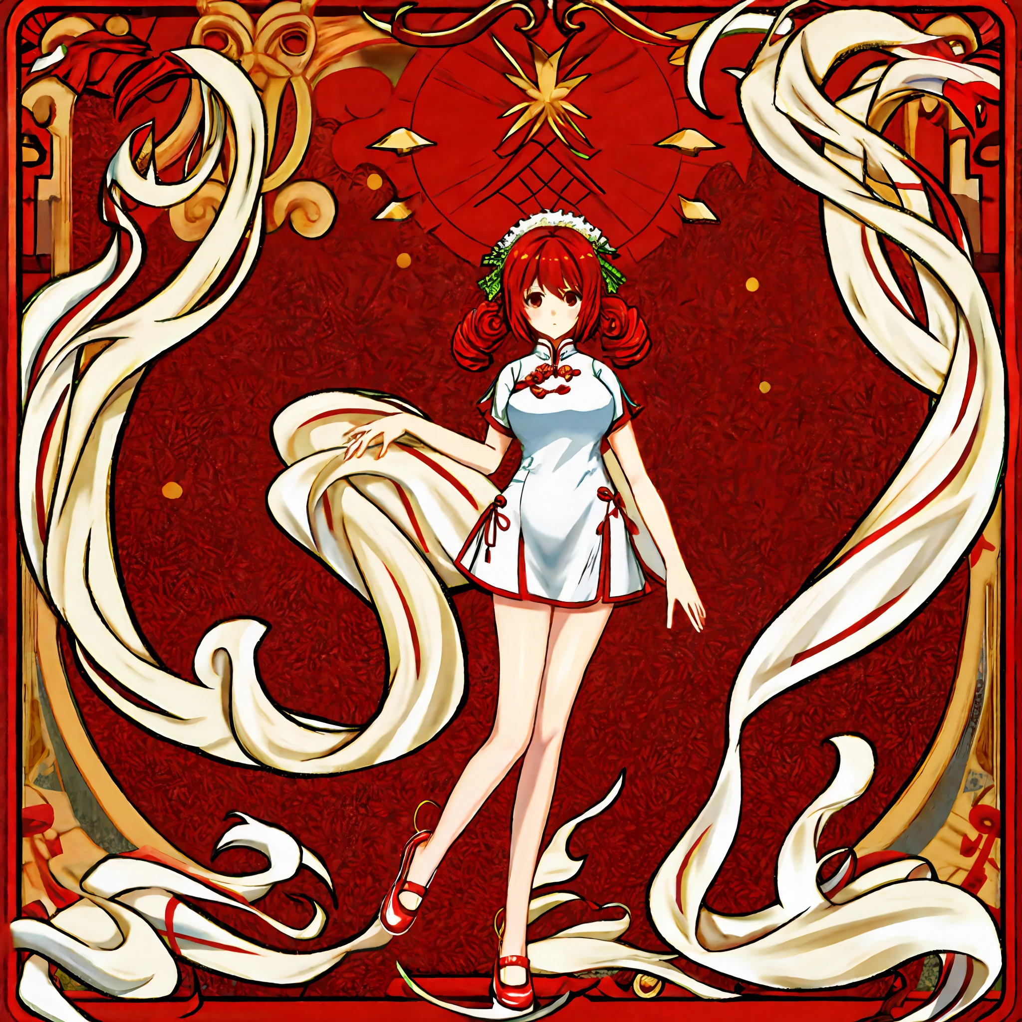 High-split red cheongsam with gold pattern，curlies，Ripe and plump，Mature face，full bodyesbian，Long legs，The picture is red and white，Best image quality