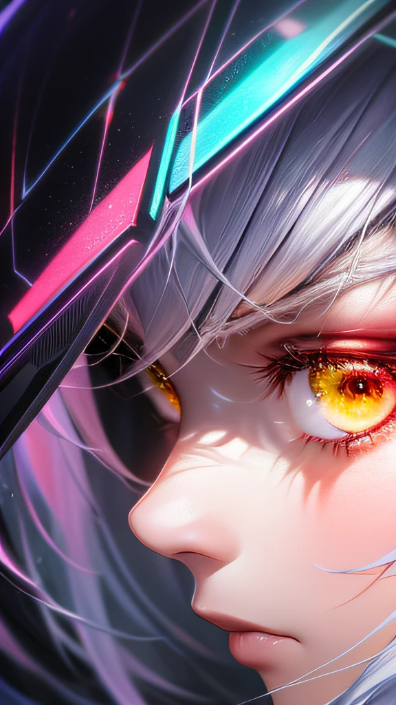 a japanese girl, Realistic, Light pink and yellow, charming character illustrations, yellow, Black and pink, Cyberpunk, Look down diagonally to the right, Icy stare, striated hair, multicolored hair, Silver hair, Pink hair, Empty eyes, makeup, Crazy, scowl, Jitome, Digital Art, surrealism, high detailing, Cubist Futurism, A futuristic, Realism, Glowing light, high detailing, Cubist Futurism, emphasis lines, NIKON, close-up, Textured skin, high details, awardwinning, hight resolution, Best Quality, nffsw, retinas, masutepiece, ccurate, Anatomically correct, Textured skin, Super Detail, high details, High quality, awardwinning, Best Quality, hight resolution