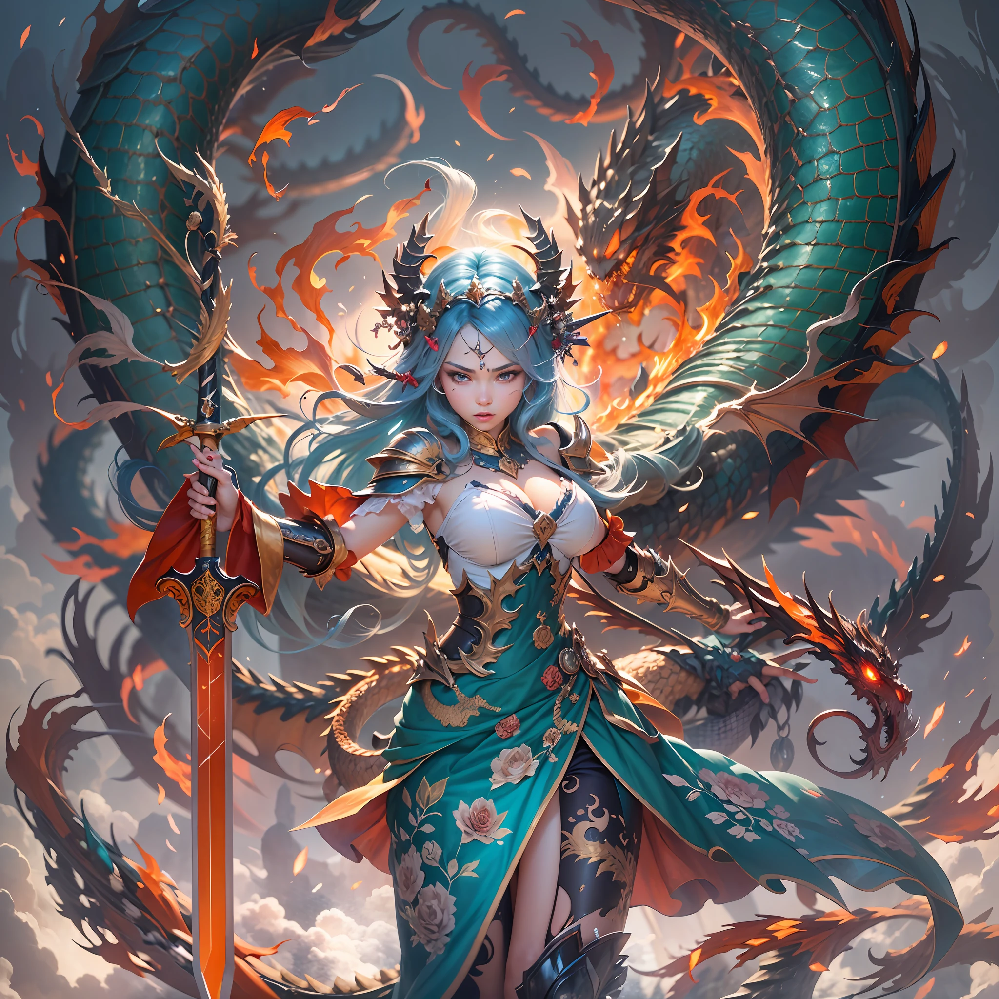 （the detail：1.4）, 3D combination of man and dragon, Human dragon tail, A girl in dragon scale armor, The armor has intricate and delicate golden dragon patterns, (Fiery red clothes), Off-the-shoulder fashion, Dynamic movement of sword dance in a human-centered circular circle, Showing meticulous、A fusion of fine punk steam and baroque lolita, The gesture of waving a large sword with both hands, The sword qi scattered, Countless meteorites fell from the sky, Intricate dragon pattern headdress, Fluttering lace flared miniskirt, Breasts are full and straight, The dragon crystal with this shining blue light is embedded on the chest and connected to the armor, Clean long blue hair, long vertical curly, Burning ruins background, cinmatic lighting, dragon pupils, His face showed inexplicable excitement。, The upper arm is tied with a ribbon, This big fireball is flying all over the sky, On the forehead there is a flame rune composed of dragon scales, Rococo style, Depth of field, Depth of field, Ray tracing, Motion blur, surrealism, art-deco, Textured skin, Masterpiece, High details, High quality, Best quality, 16k, A high resolution, hyper HD, hdr（HighDynamicRange）