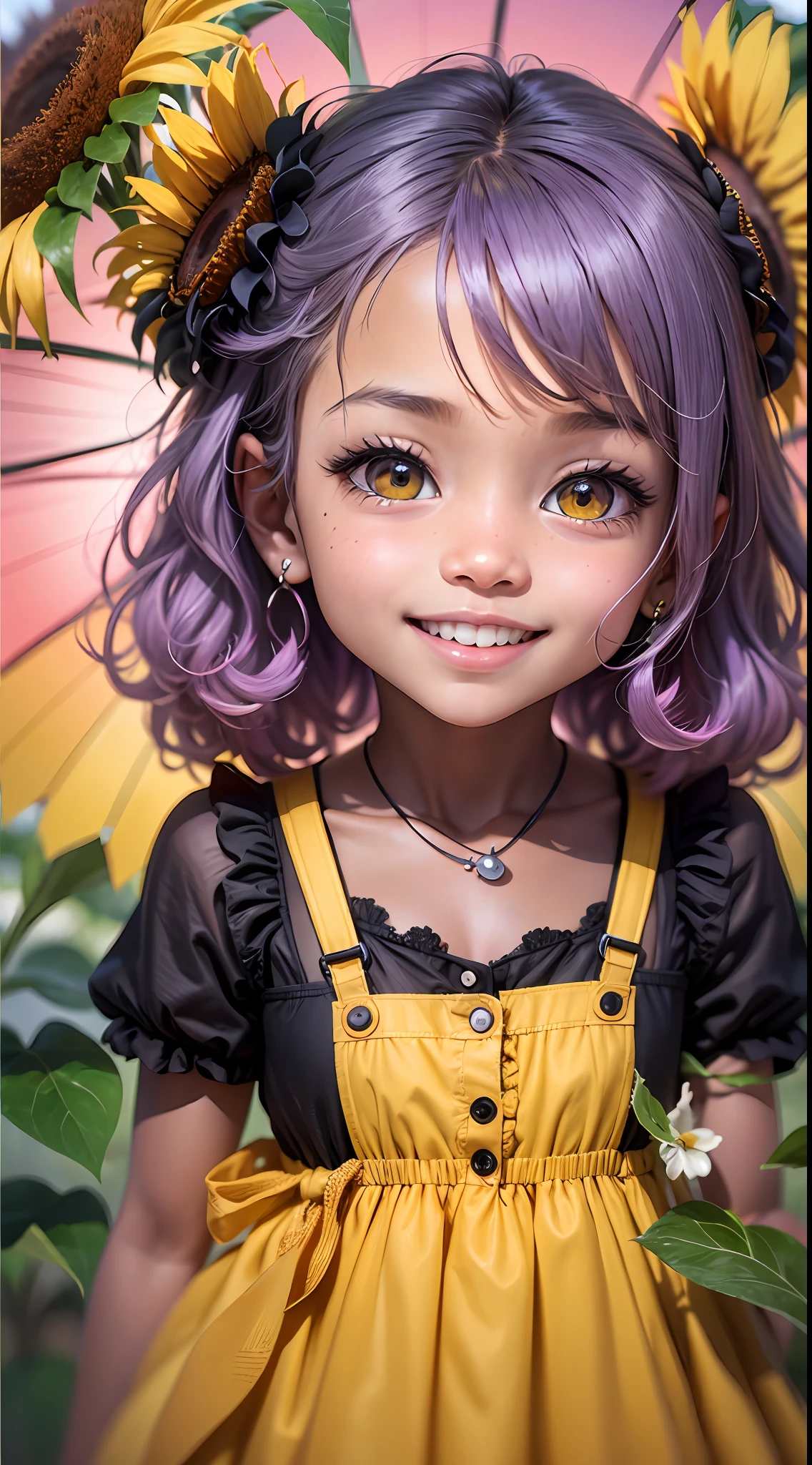 Little kid sunflower, black skin, happy, cute,. yellow eyes, purple hair, sorriso, Accessories: purple umbrella extremamente detalhado. obra-prima, melhor qualidade, CG extremamente detalhado unidade 8k, papel de parede. cena: Natureza, pink sky.