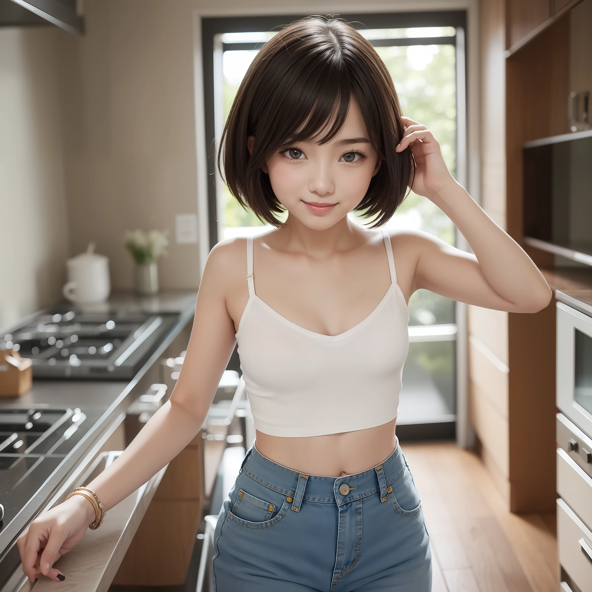 With the best image quality、Teenage girl standing in room。Black Hair Bob Hair、Cute smile with mouth closed.。(tiny chest)、White camisole、Denim panties