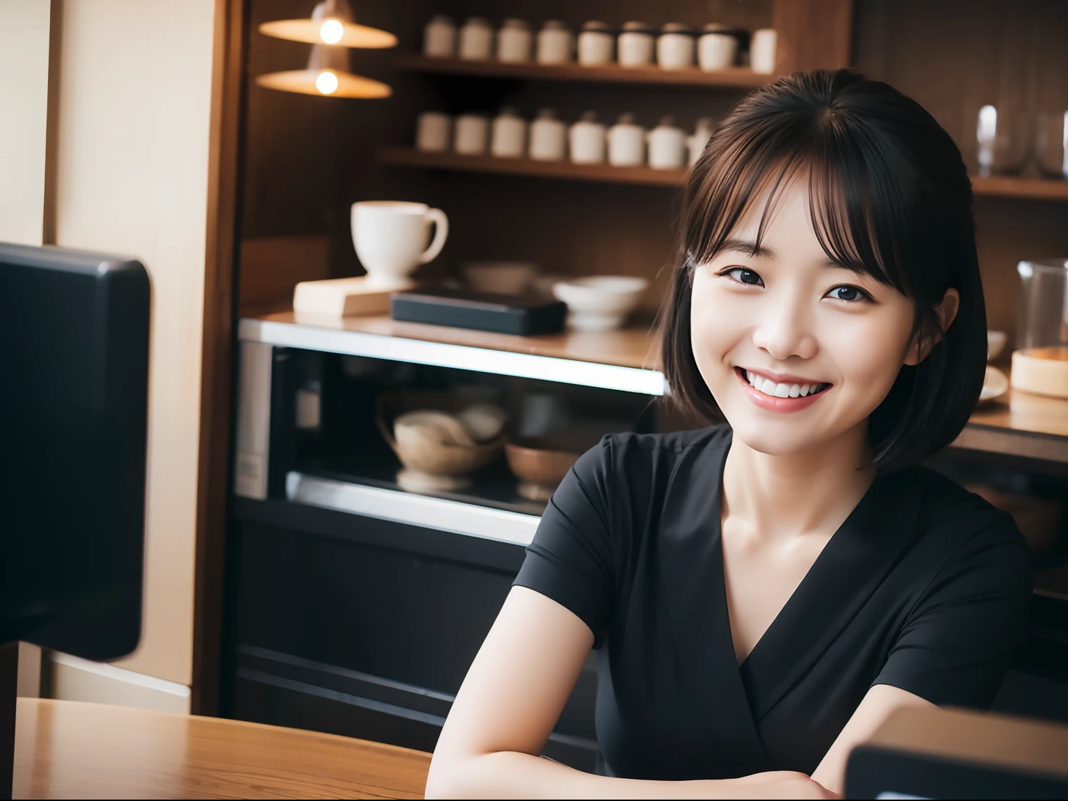 Cafe clerk, femele, japanes, black hair, light smile, Canon, UHD