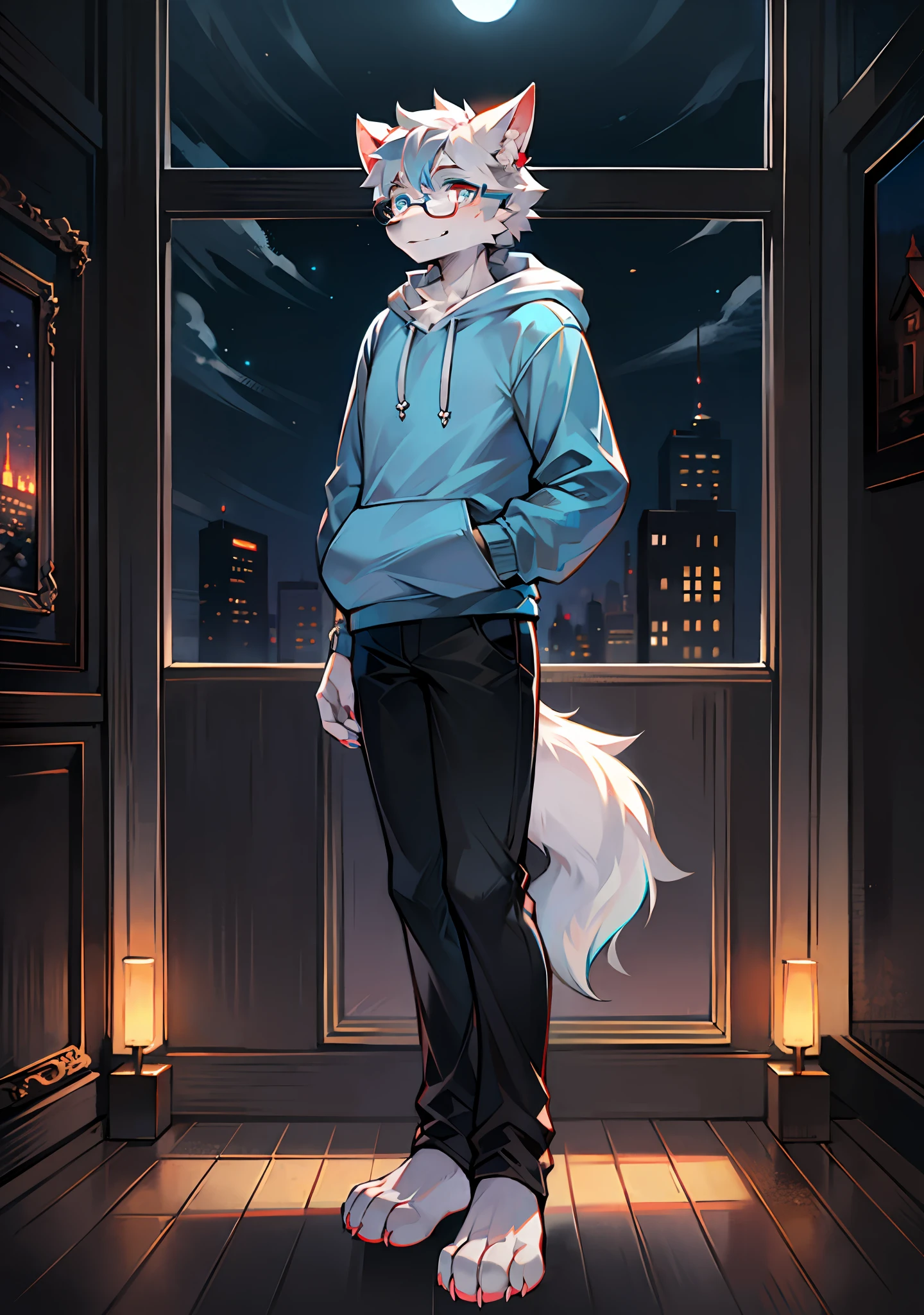 High Picture Quality，Modern age city，Penthouse of the building，potted，Night moon background，Single player，Wolf animal human form，No spot，male figure，Full body standing painting，short detailed hair，Dark gray fur，Square frame rounded glasses，Wolf ears，Light gray ear roots，Light red ear tips，Deep blue pupils，Hairy wolf tail，White tail tip，White forearm，Hands naturally droop，The limbs are wolf paws，4 white fingers，4 white toes，Look to the left，Height 1.92 meters，Sky blue hoodie，black long pants，stand posture。