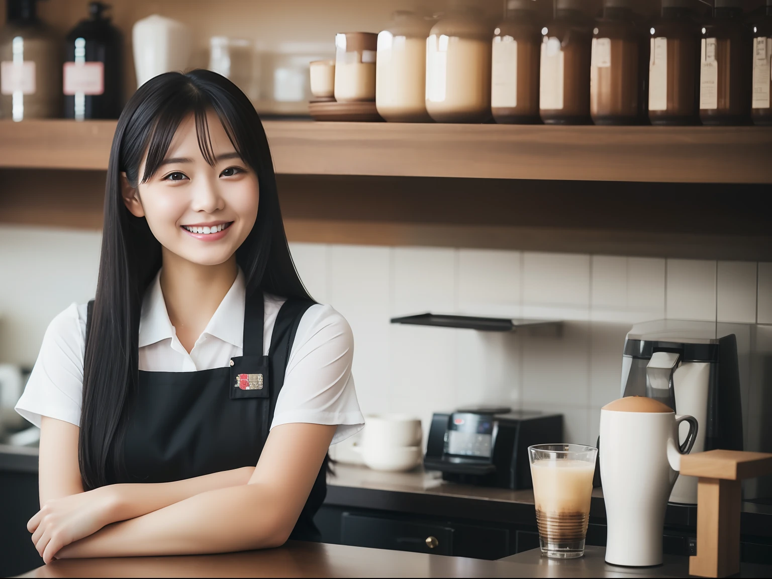Cafe clerk, femele, japanes, black hair, light smile, Canon, UHD