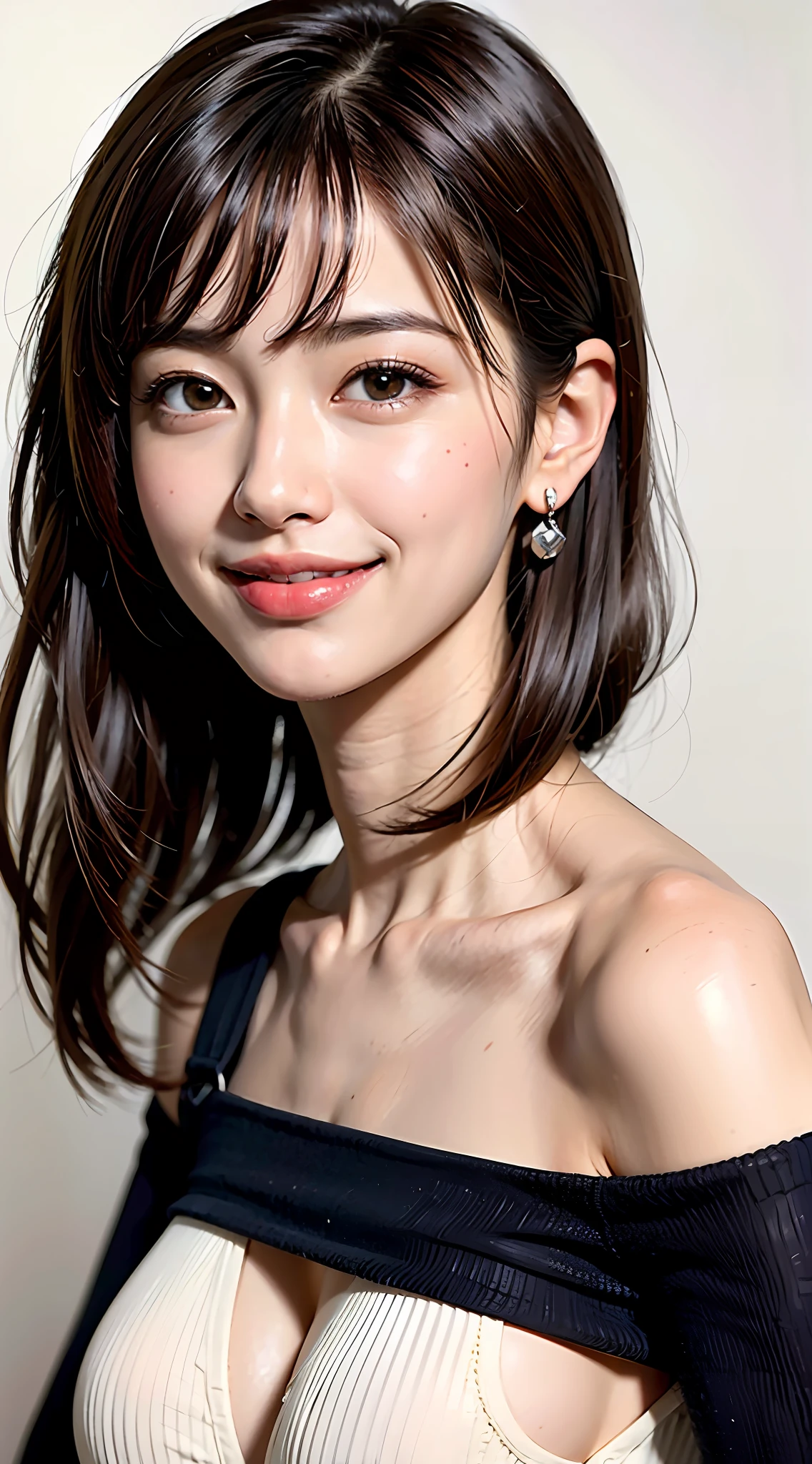 ((masterpiece、22year old、1 beautiful girl、Detailed eye、Shorthair with bangs、shorth hair、neck long、Put your ears out))、big eye、Distinct double eyelids、((top-quality, 超A high resolution、stares at the camera、Light brown eyes、Clean collarbone、glowy skin、Straighten your back、The face of the golden ratio、a small face)), (Realisticity: 1.4), OriginalPhotographs, 1girl in,cinematlic lighting、japanes、Asian Beauty、Korea person、Super beauty、Realistic skin type、(((clean very large breasts、A slender、The body is facing forward、lipgloss、Highlights in the eyes、thin lips、smiling slightly、Closing mouth and smiling happily)))、(A hyper-realistic)、(hight resolution)、(8K picture quality)、(ighly detailed)、(Best Illustration)、(beautifully detailed eyes)、(ultra-detailliert)、A detailed face、looking at viewert、Facing straight ahead、neat and clean clothes、sleeve less、short-hair、black hair with bangs、46-point diagonal bangs、Shorthair、((Background is really nothing but pure white background))、((neat atmosphere、))