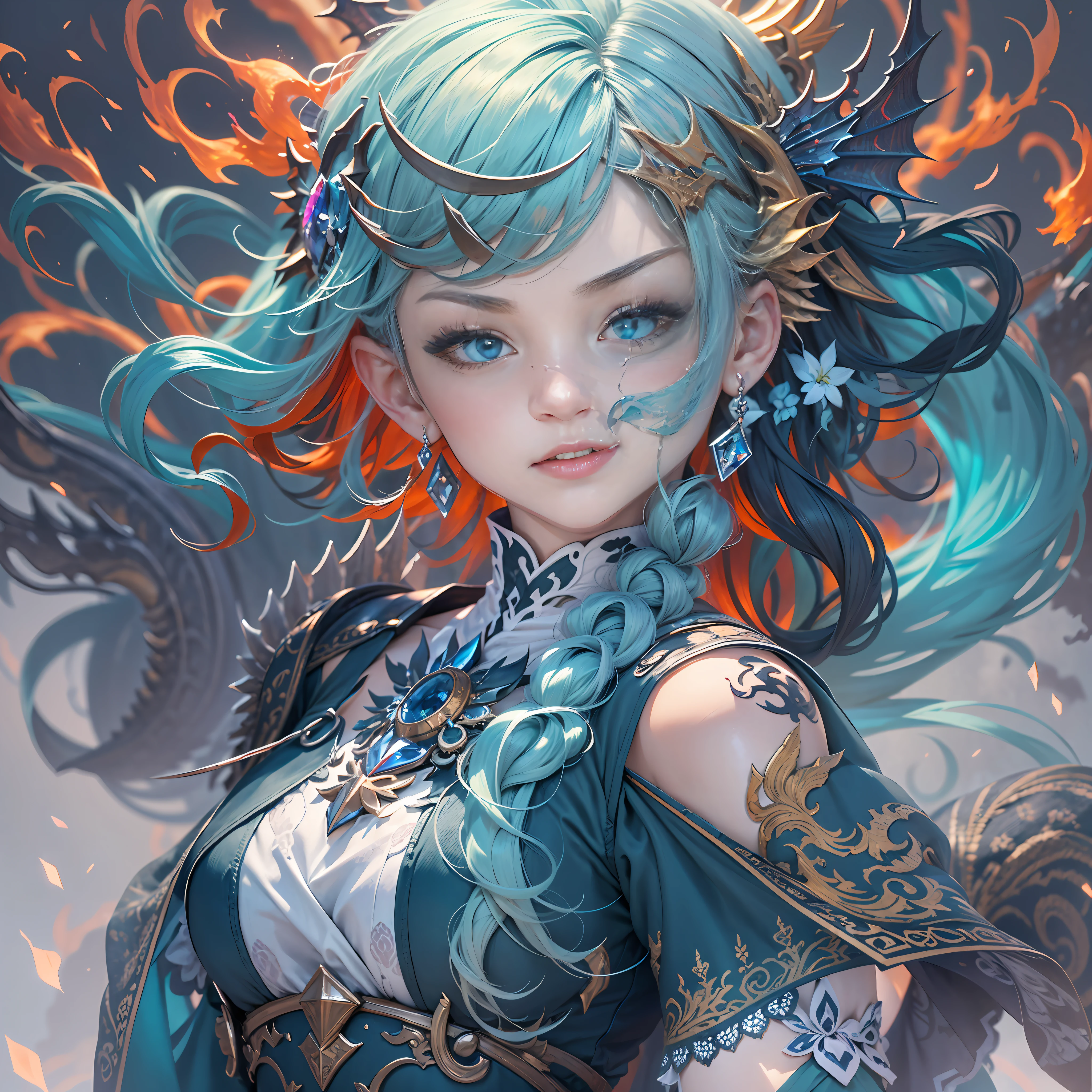 （the detail：1.4）, 3D combination of man and dragon, Human dragon tail, A girl in dragon scale armor, The armor has intricate and delicate golden dragon patterns, (Fiery red clothes), Off-the-shoulder fashion, Dynamic movement of sword dance in a human-centered circular circle, Showing meticulous、A fusion of fine punk steam and baroque lolita, The gesture of waving a large sword with both hands, The sword qi scattered, Countless meteorites fell from the sky, Intricate dragon pattern headdress, Fluttering lace flared miniskirt, Breasts are full and straight, The dragon crystal with this shining blue light is embedded on the chest and connected to the armor, Clean long blue hair, long vertical curly, Burning ruins background, cinmatic lighting, dragon pupils, His face showed inexplicable excitement。, The upper arm is tied with a ribbon, This big fireball is flying all over the sky, On the forehead there is a flame rune composed of dragon scales, Rococo style, Depth of field, Depth of field, Ray tracing, Motion blur, surrealism, art-deco, Textured skin, Masterpiece, High details, High quality, Best quality, 16k, A high resolution, hyper HD, hdr（HighDynamicRange）