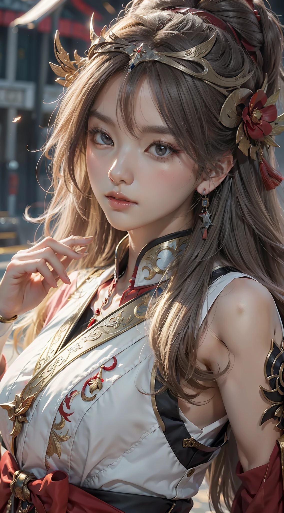 Highest image quality,Outstanding details,超高分辨率,(Fidelity:1.4), Favor the details, He has a delicate and beautiful face, Close-up of a woman standing on a platform with a sword, A scene from the《Honkai 3rd 》videogame, 《Honkai 3rd 》styled, 《Honkai 3rd 》The role setting of Thunder's lawyer, Tachi, Red Japanese oni armor, Virtual Engine 5,Perfect detail rendering,rendering by octane,hyper HD