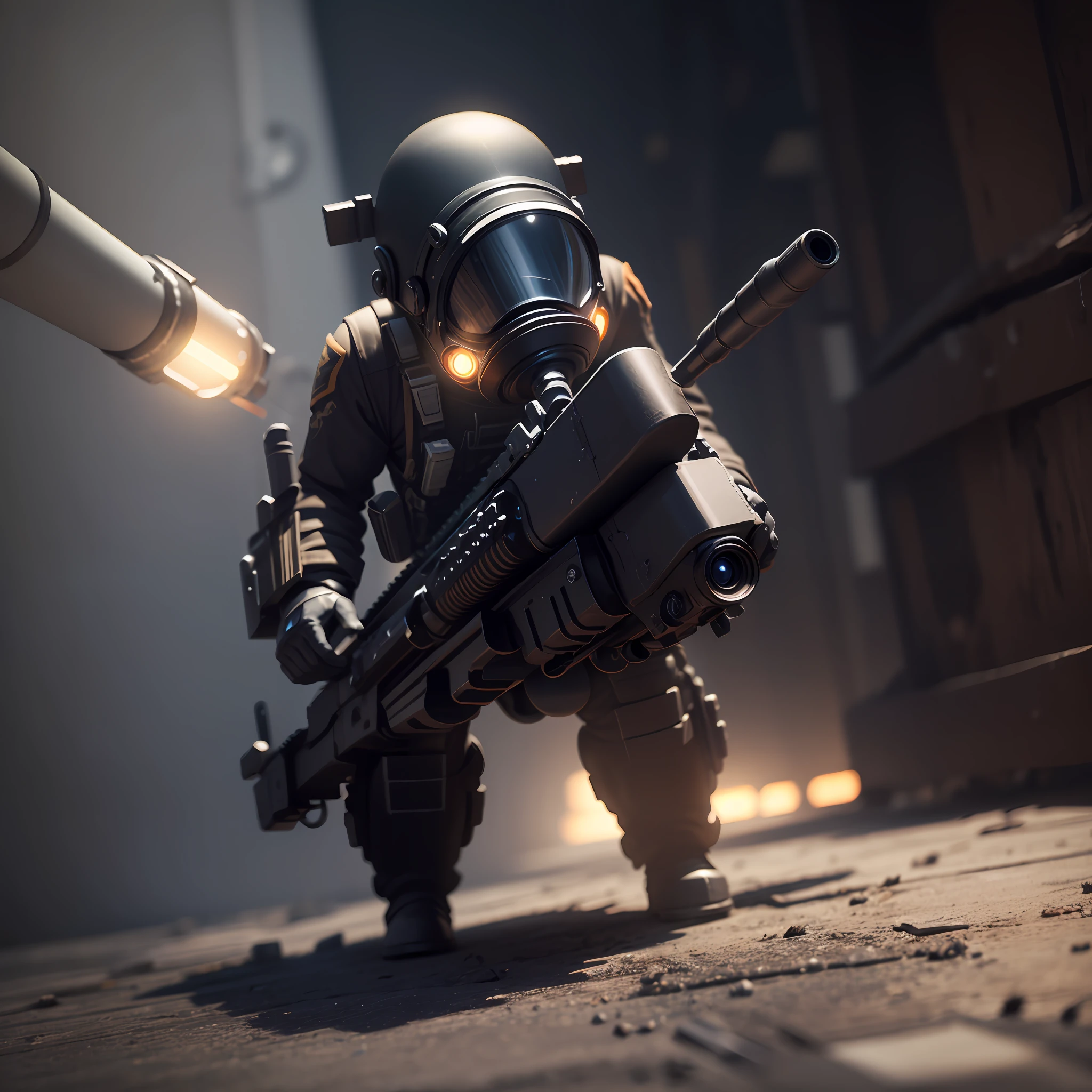 Desenhe um humanoide com arma mini gun atirando, 8k render 3d, ultra quality texture, high quality illumination --auto