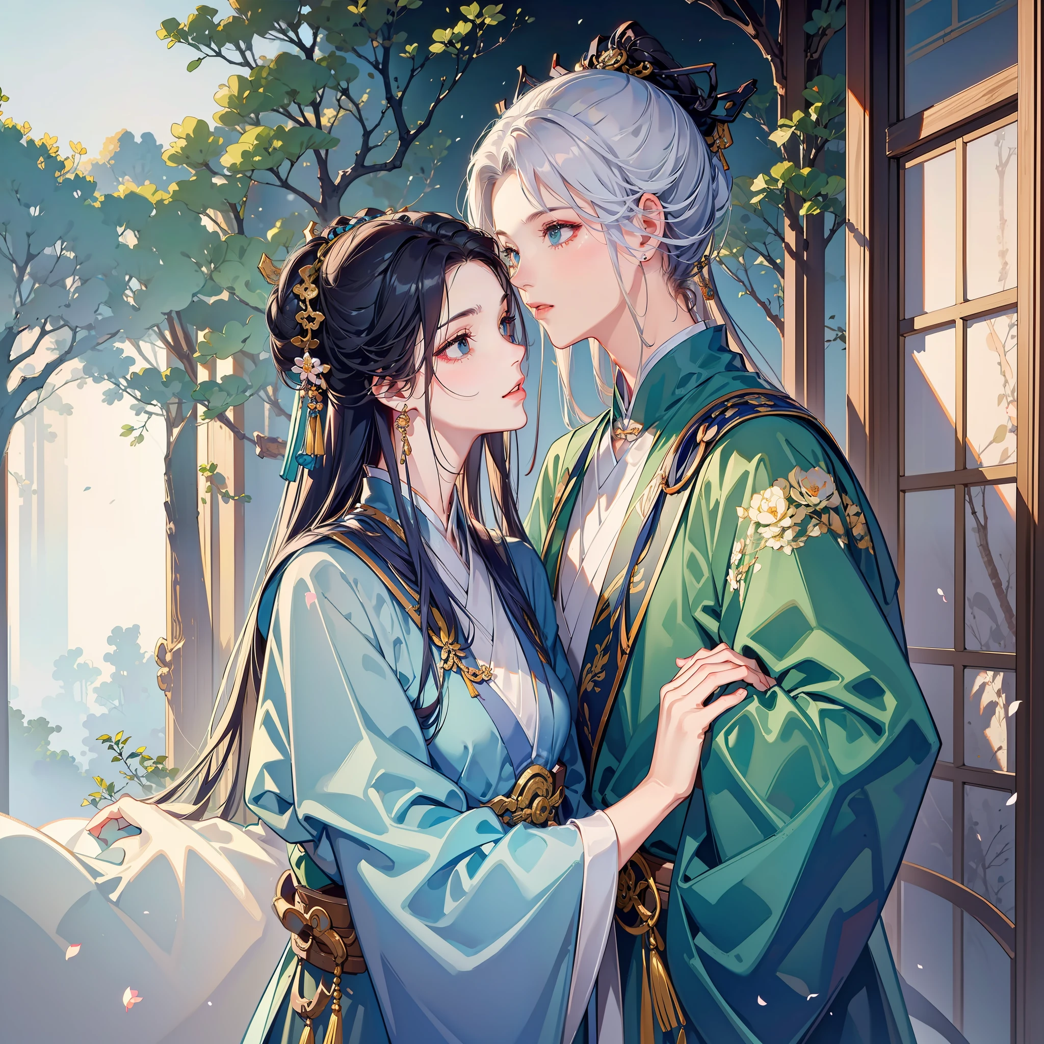 Excellent image quality,tmasterpiece,8K quality,couple,both sexes,Height difference,Girl with short white hair,Blue Hanfu。Boy with dark green hair,Blackn clothes,hugging eachother,Kiss,Gardenias bloom everywhere
