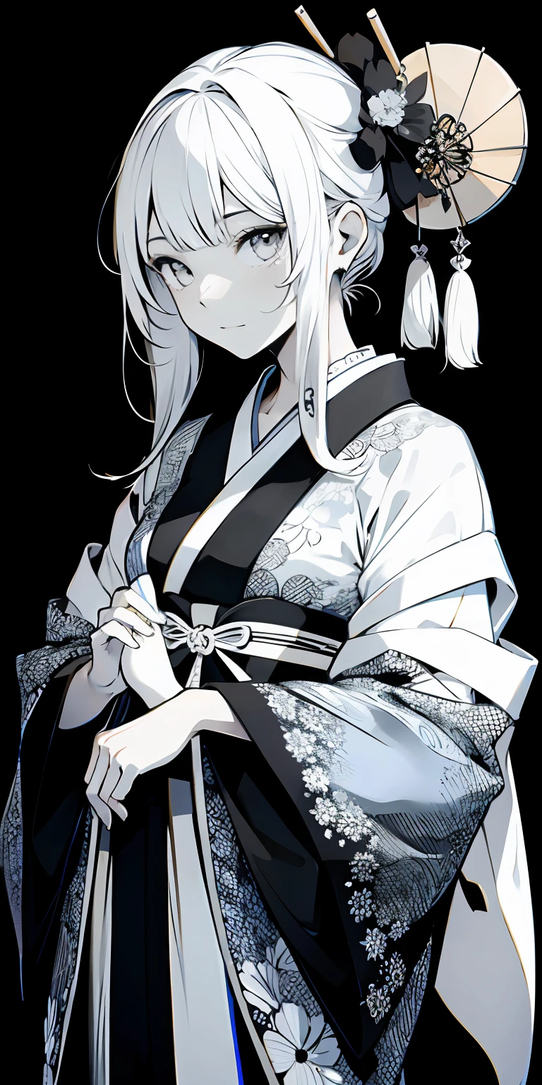absurdres, highres, ultradetailed, (1girl:1.6), grainy, black and white, BREAK, ((japanese traditional art)), (black and white), mesmerizing shapes, dreamy imagery, zen calligraphy, BREAK, hanfu, geisha, exotic, upper body