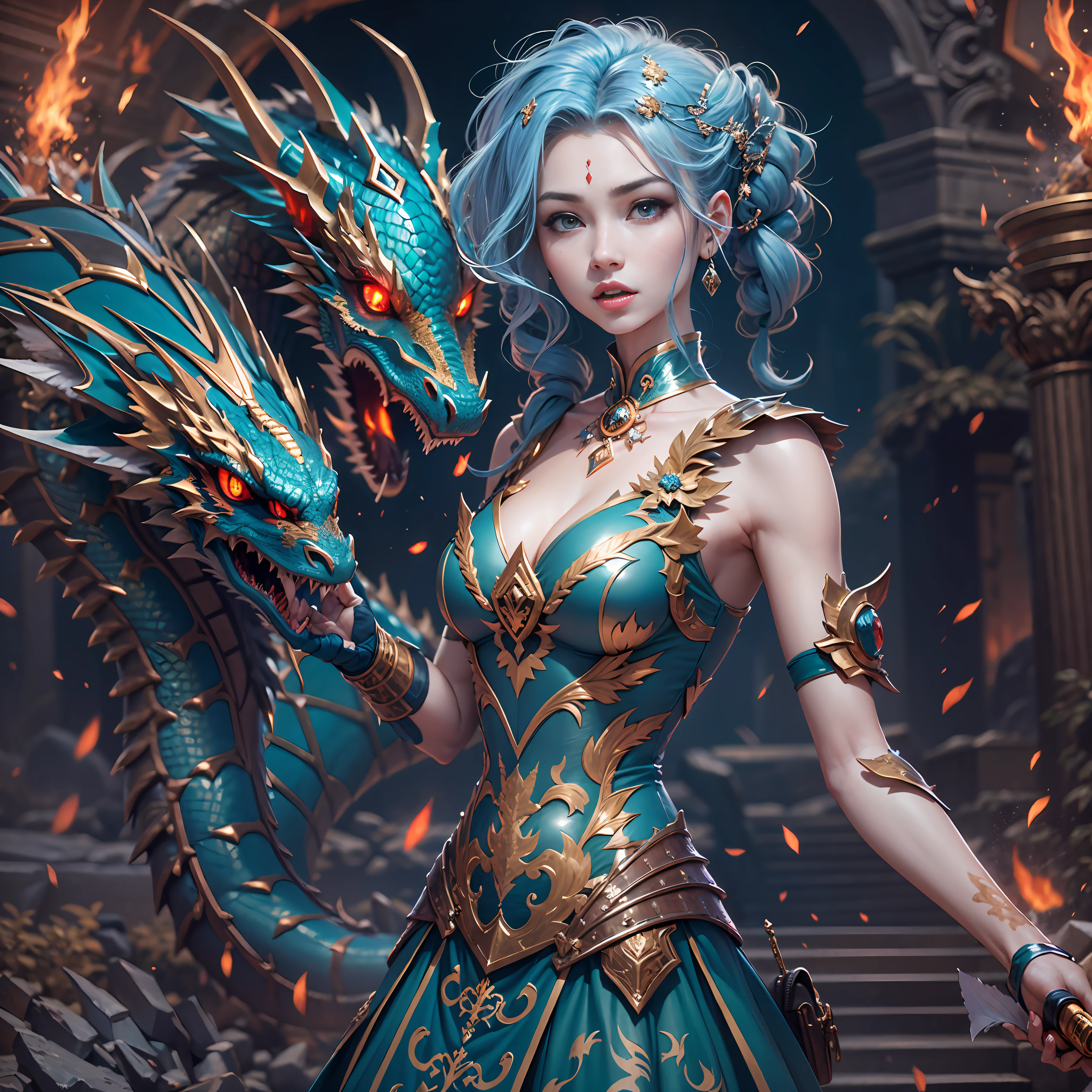 （the detail：1.4）, 3D combination of man and dragon, Human dragon tail, A girl in dragon scale armor, The armor has intricate and delicate golden dragon patterns, (Fiery red clothes), Off-the-shoulder fashion, Dynamic movement of sword dance in a human-centered circular circle, Showing meticulous、A fusion of fine punk steam and baroque lolita, The gesture of waving a large sword with both hands, The sword qi scattered, Countless meteorites fell from the sky, Intricate dragon pattern headdress, Fluttering lace flared miniskirt, Breasts are full and straight, The dragon crystal with this shining blue light is embedded on the chest and connected to the armor, Clean long blue hair, long vertical curly, Burning ruins background, cinmatic lighting, dragon pupils, His face showed inexplicable excitement。, The upper arm is tied with a ribbon, This big fireball is flying all over the sky, On the forehead there is a flame rune composed of dragon scales, Rococo style, Depth of field, Depth of field, Ray tracing, Motion blur, surrealism, art-deco, Textured skin, Masterpiece, High details, High quality, Best quality, 16k, A high resolution, hyper HD, hdr（HighDynamicRange）