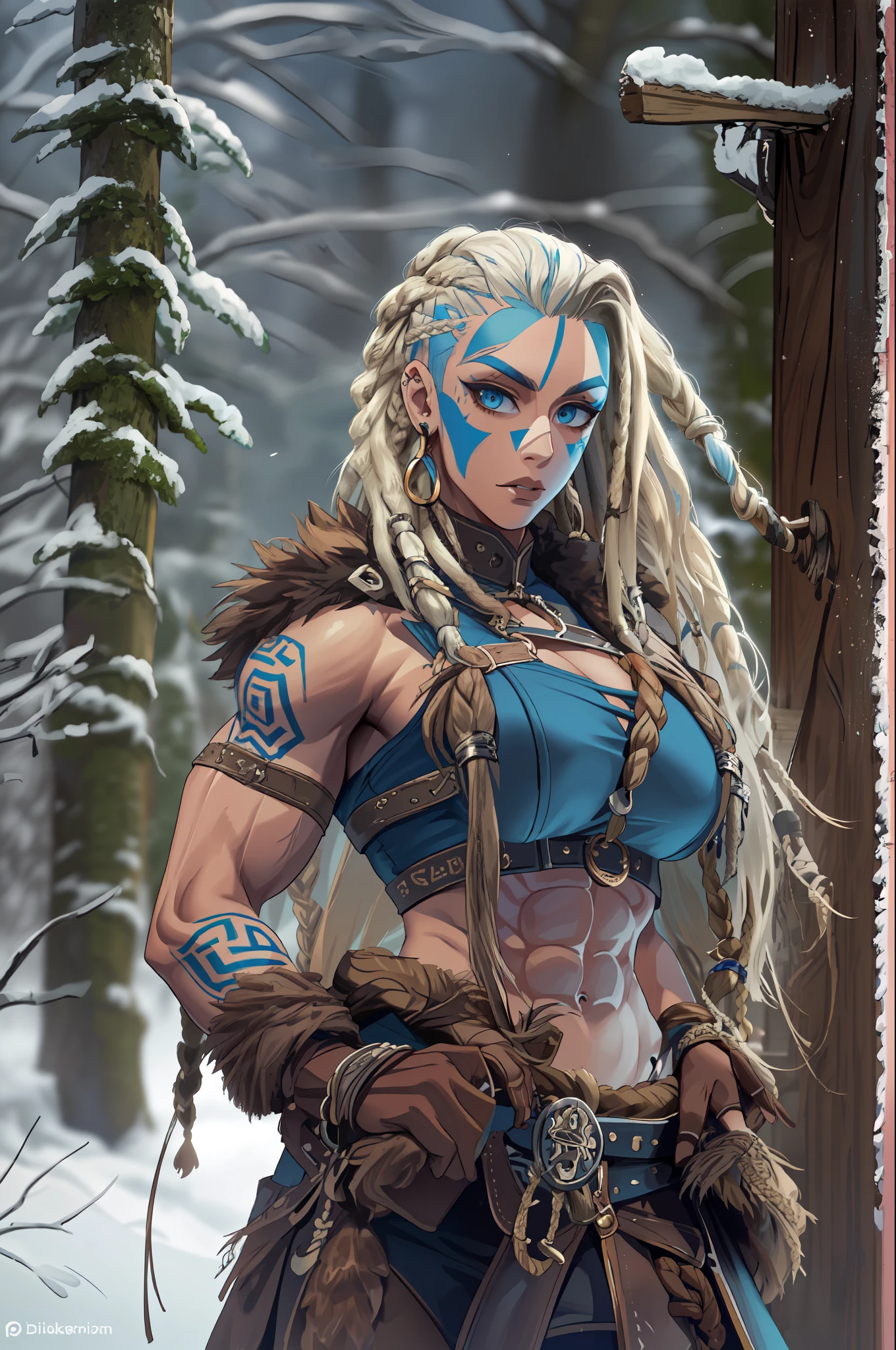 Female viking, (young:1.2), (muscular:1.2), fit, wearing brown furs and hides, (wearing furs:1.3) (blue norse tattoos:1.2), blue eyes, platinum blonde hair, (Dreadlocks:1.7), (Dreads:1.4), (Sideshave:1.6), warrior hair, Setting is a Scandinavian forest in winter, snow, bare arms, exposed naval, (abs:1.2). Highly detailed, norse, berserker, arm muscles, leg muscles, (bulky:1.2), leather straps, (large breasts:1.3), waist up, wide waist, stocky, (tall:1.4)