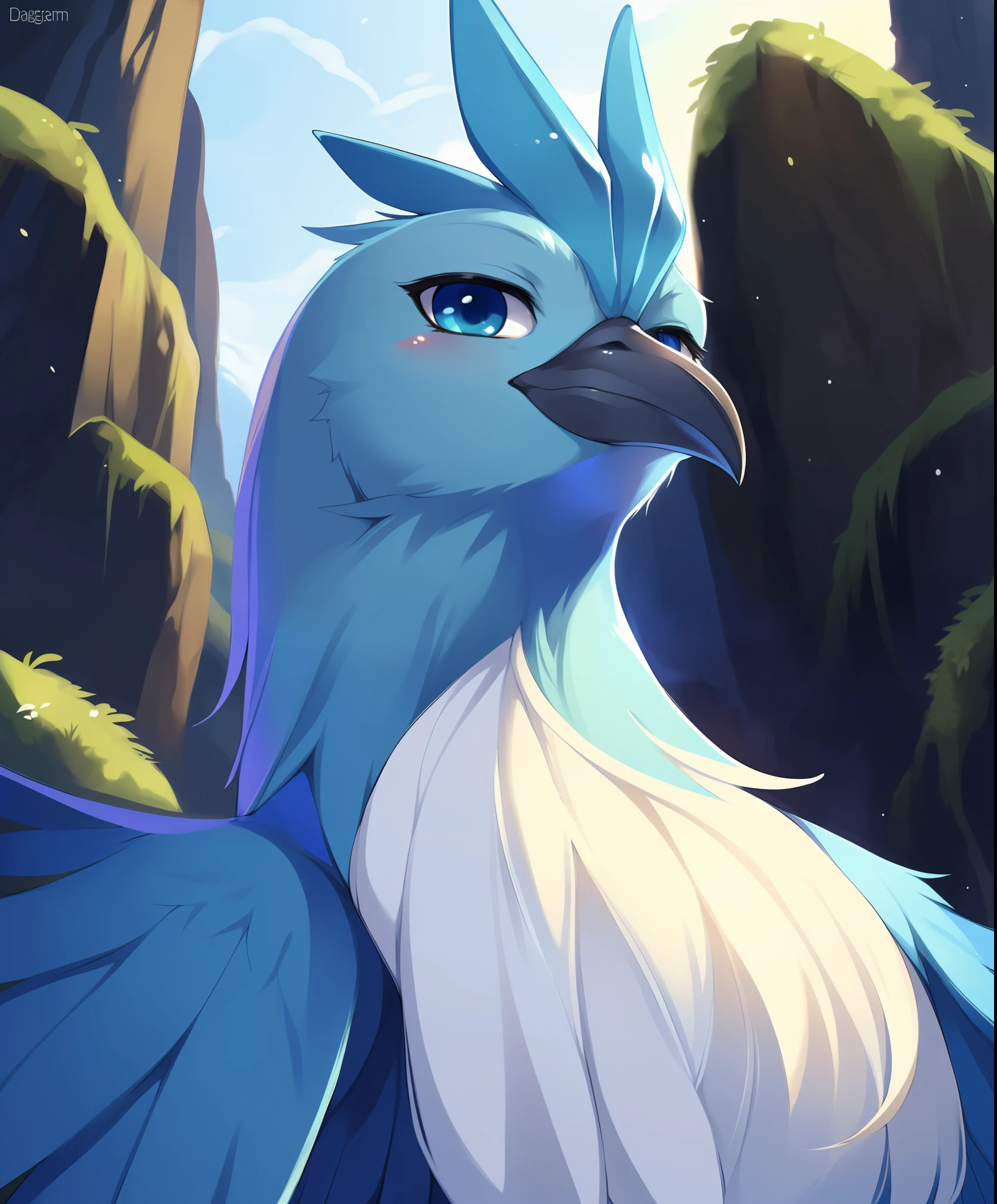 uploaded on e621, ((by Ricegnat, by Bebebebebe, by Prrrrrrmine, by Dagasi)), solo female (cyan avian Articuno) with (((dark blue and white body))) and ((blue beak)) and ((clear navy blue eyes)) and (chest fur tuft) and ((blue wings)), (detailed [avian] Articuno), ((detailed fluffy feathers)), ((three-quarter portrait, low-angle view, looking at viewer)), BREAK (standing at andes with reflection on dusk), (detailed background, depth of field, half body shadow, sunlight, ambient light on the body), (intricate:1), (high detail:1.2), (unreal engine:1.3), (sharp focus:1.1), (masterpiece, best quality, 4k, 2k, shaded, absurd res)