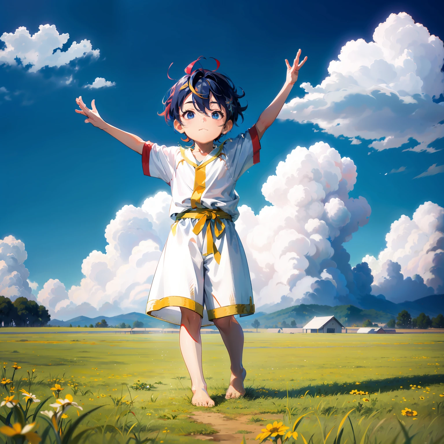 4K), Cute 7 year old ********** with small feet and short legs with colorful hair and barefoot and white clothes , Stands on a field and stretches his feet in the air, Impressionismus, 2D, Focused on the feet,