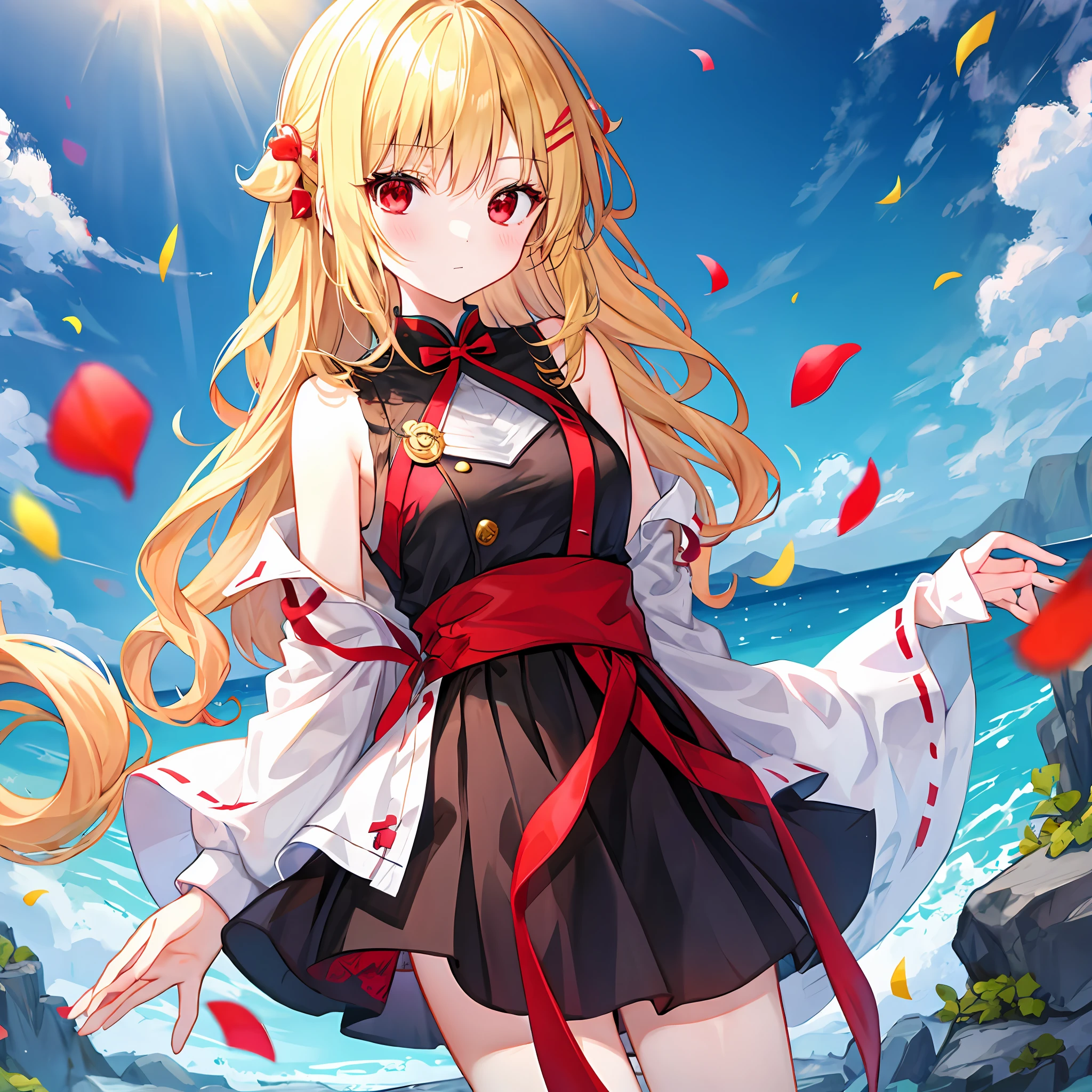 hair wavy、a blonde girl、独奏、red eyes、sleeveless